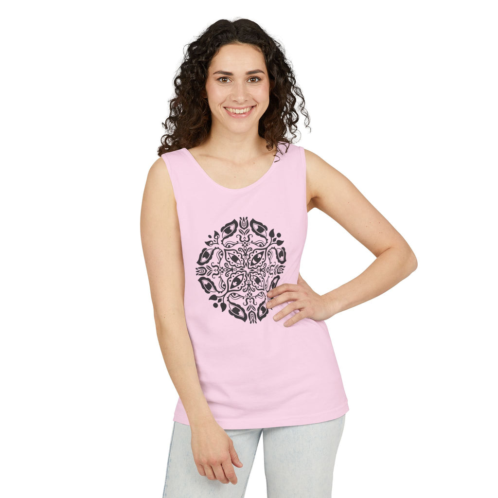 Boho Mandala Tank Top — Black Floral Circular Graphic Tank #fr3