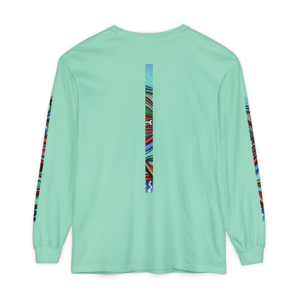 Psychedelic Starburst Long Sleeve Tee — Colorful Eye & Sleeve Stripe Design #k976344