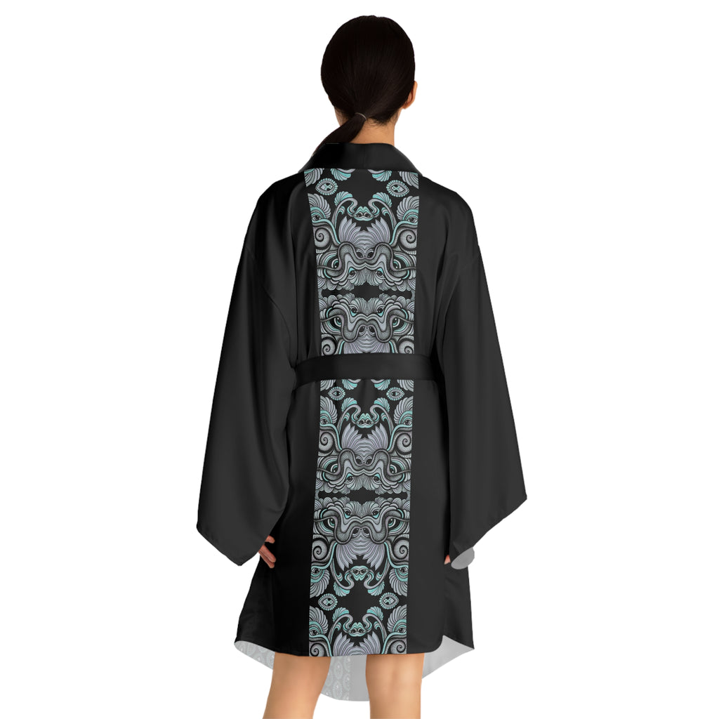 Silk-Feel Black Kimono Robe with Aqua Floral Waves Pattern #kr51