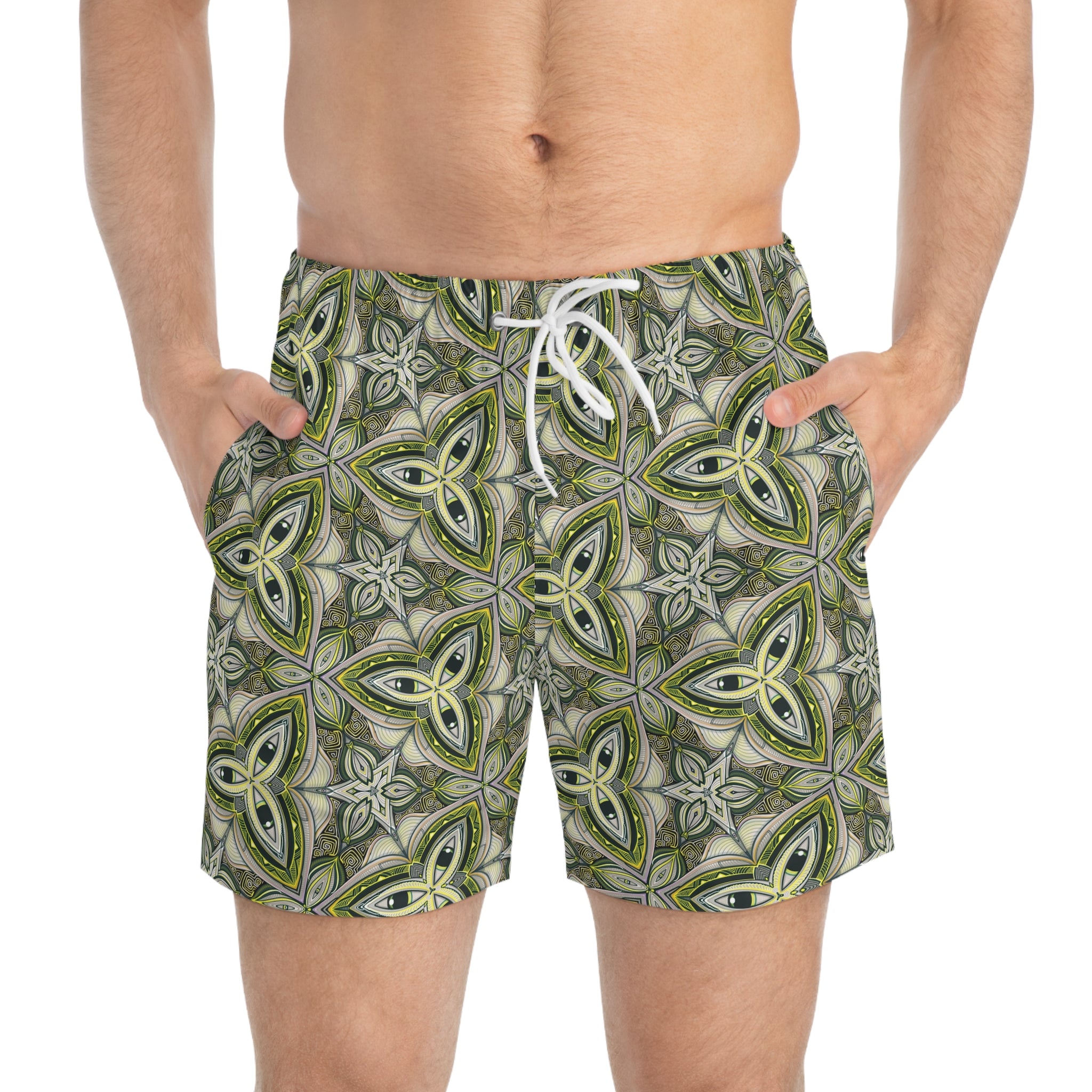 Green Celtic Tile Swim Trunks — All-Over-Print Patterned Beach Shorts #r332216