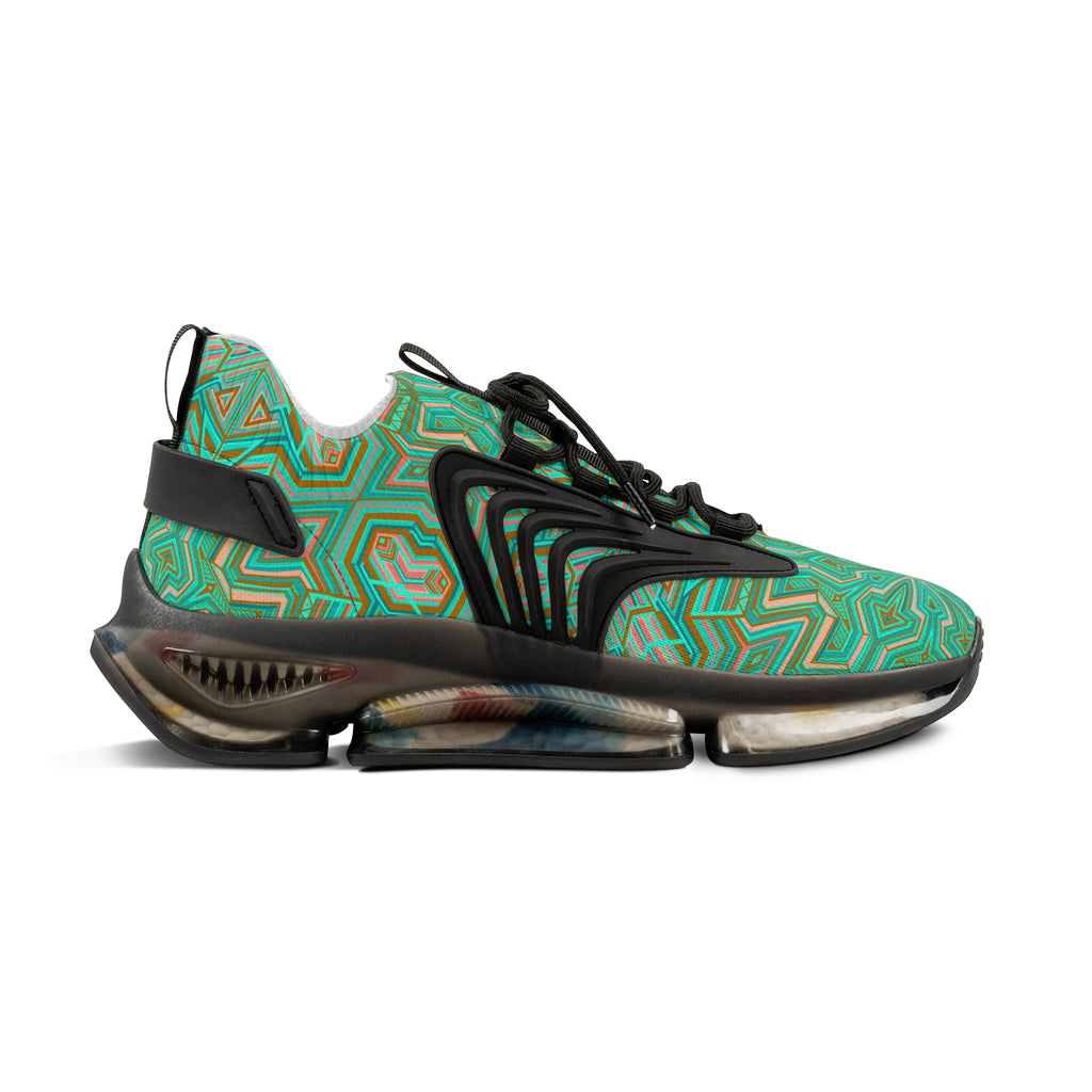 Green Geometric Mesh Sneakers — Men's Athletic Shoes with Kaleidoscope Pattern #khf87656