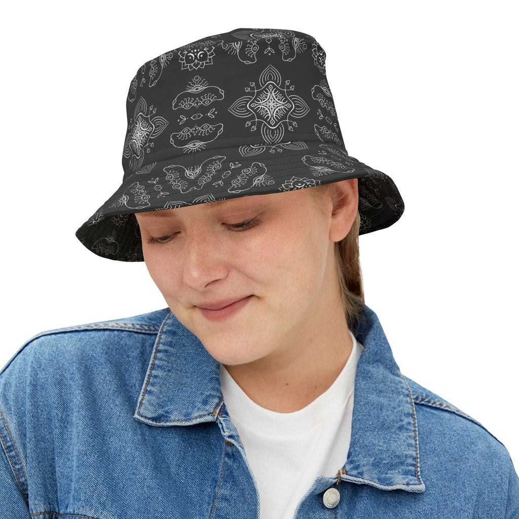 Black Paisley Pattern Bucket Hat - All-Over Print Casual Streetwear #j987557