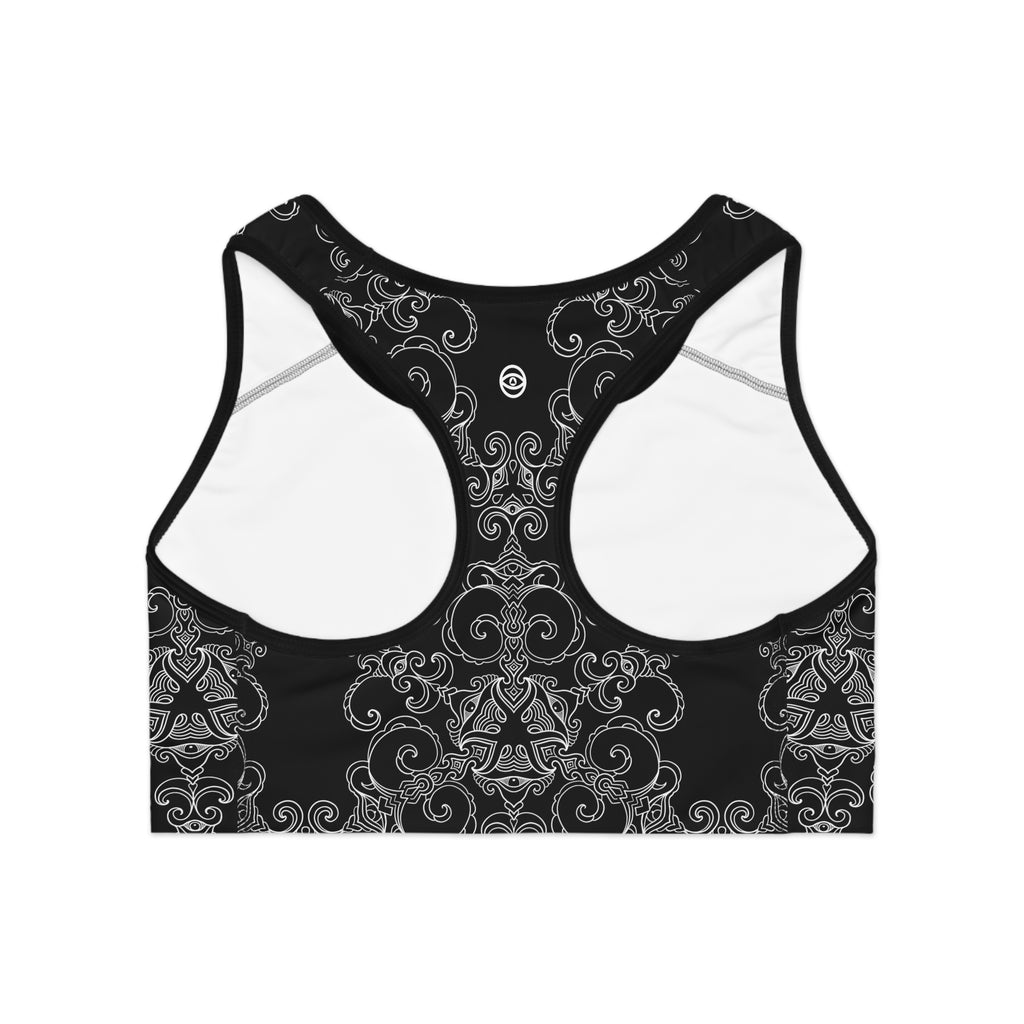 Black Baroque Pattern Sports Bra — Decorative Gothic Scroll Activewear #khf9653