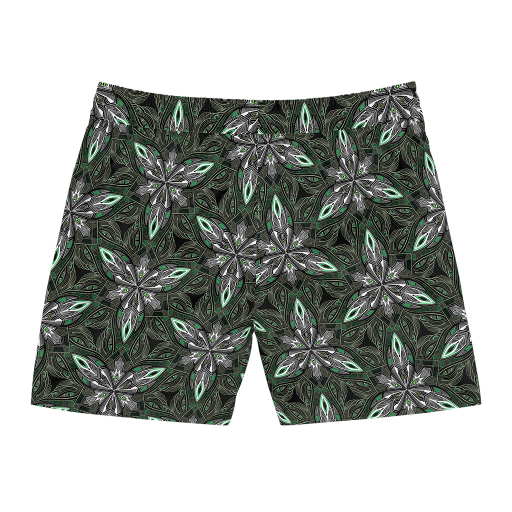 Green Kaleidoscope Swim Shorts — Men's Mid-Length Patterned Beach Trunks. #gd753987