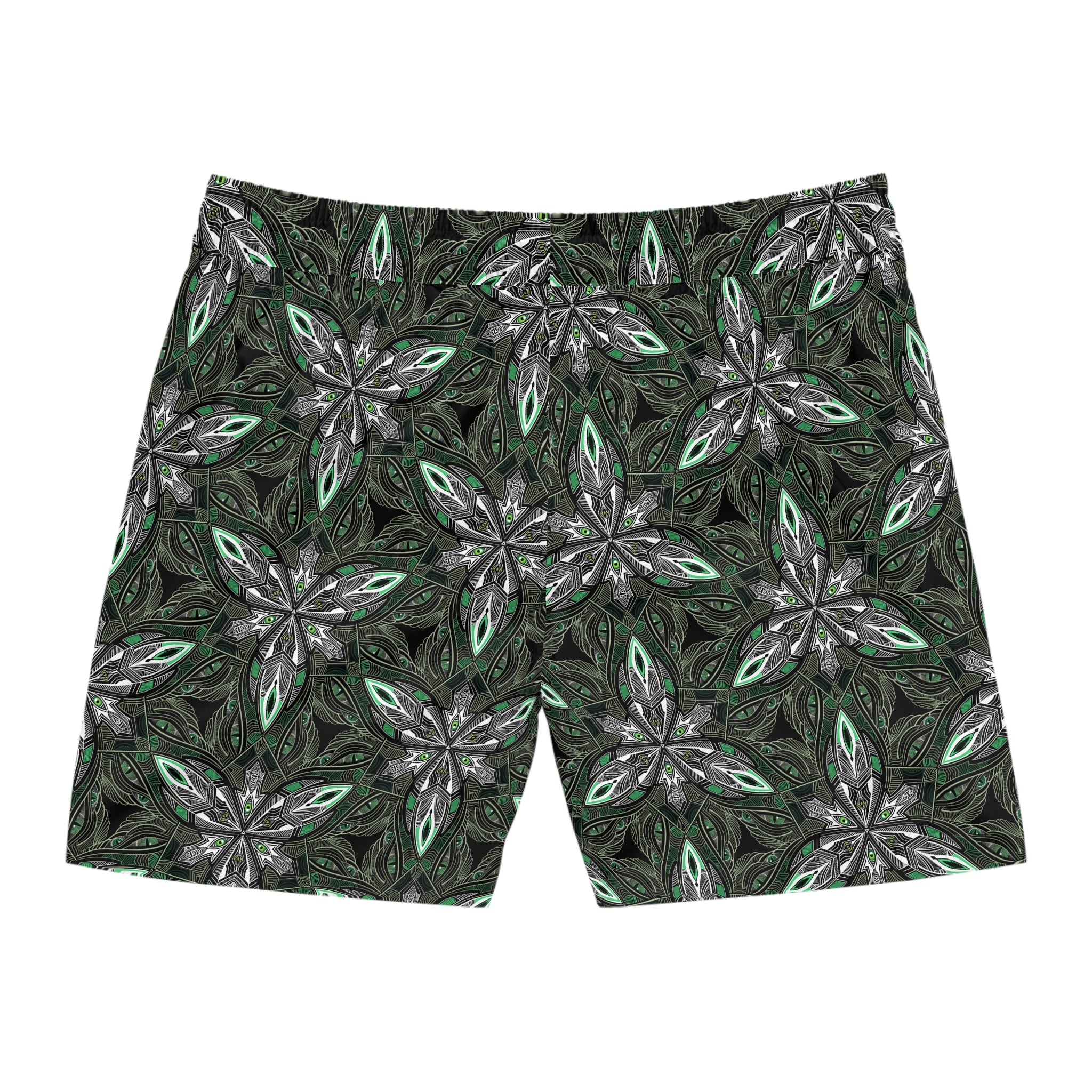 Green Kaleidoscope Swim Shorts — Men's Mid-Length Patterned Beach Trunks. #gd753987