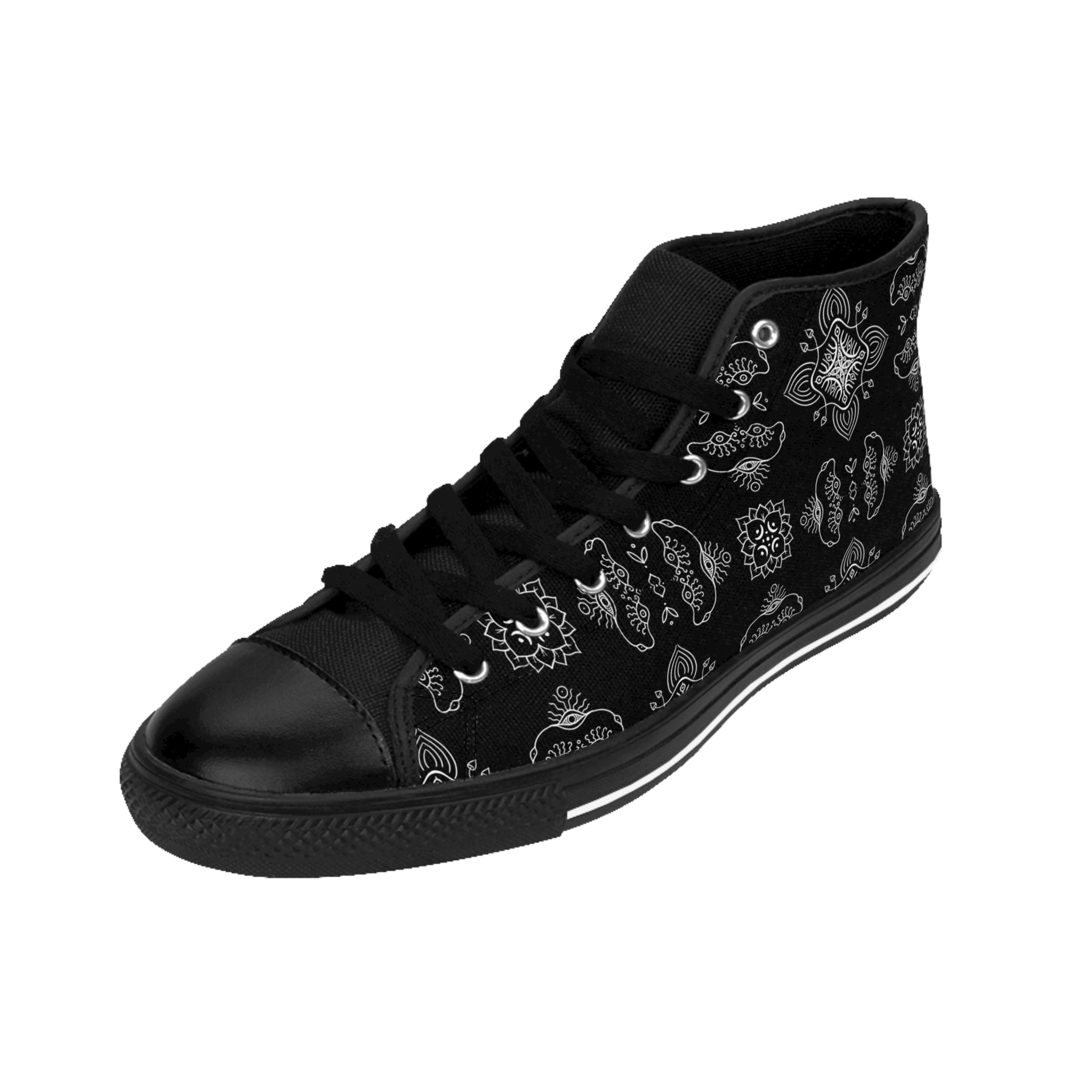 Women's High-Top Sneakers — Black Vintage Paisley Pattern #d2356