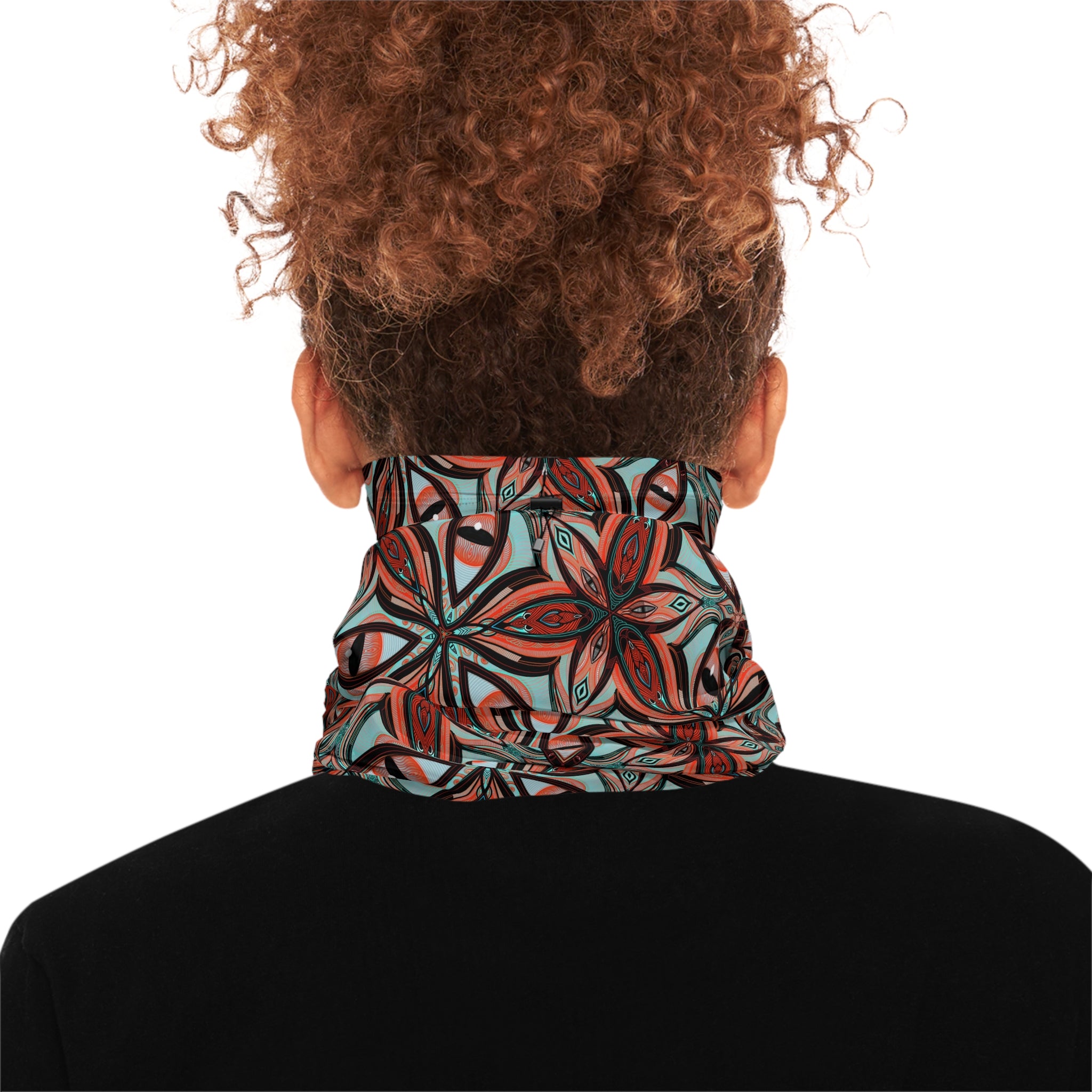 Patterned Winter Neck Gaiter — Red Teal Geometric Drawstring Face Mask