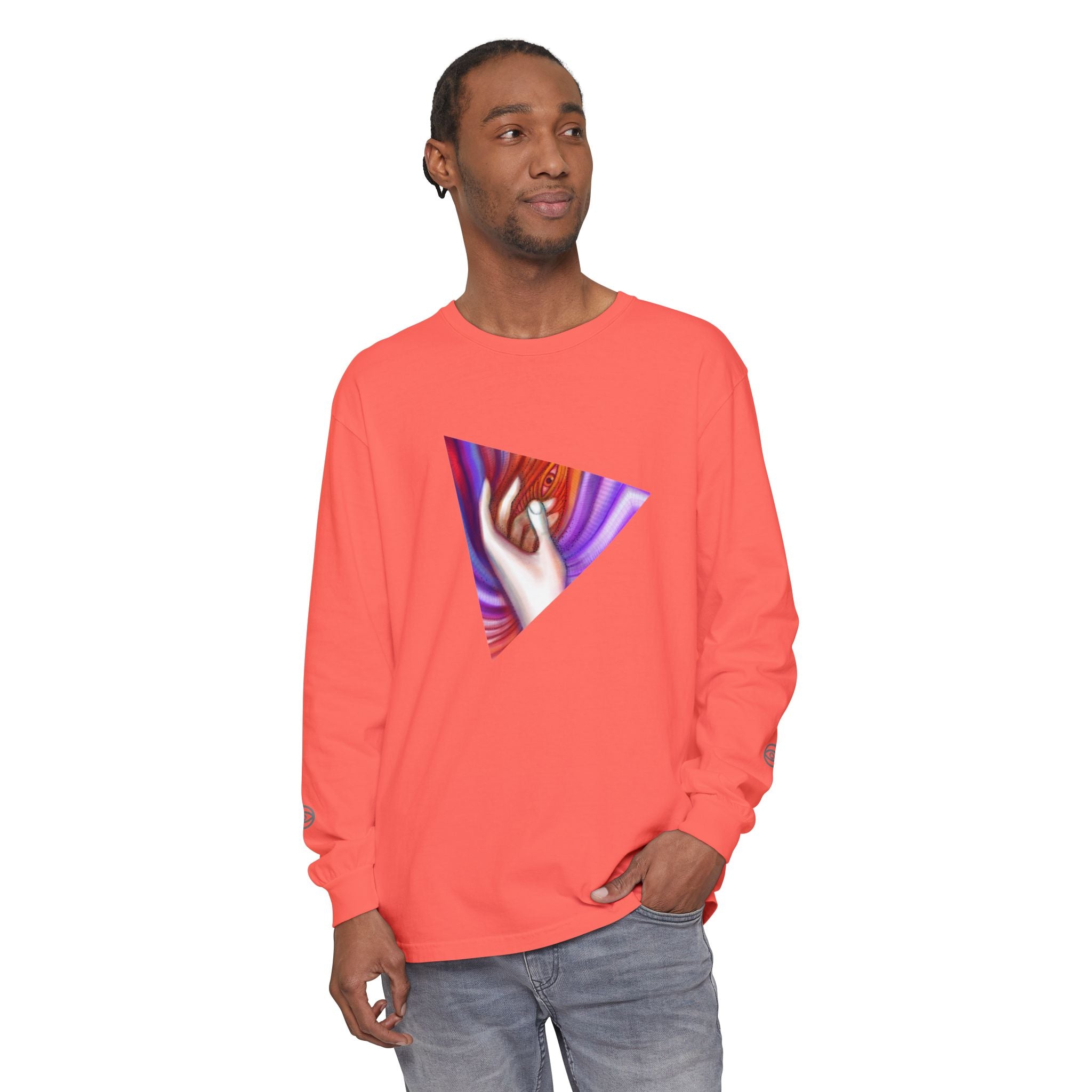 Long Sleeve T-Shirt — Triangular Hand Art Graphic (White) #sh26774