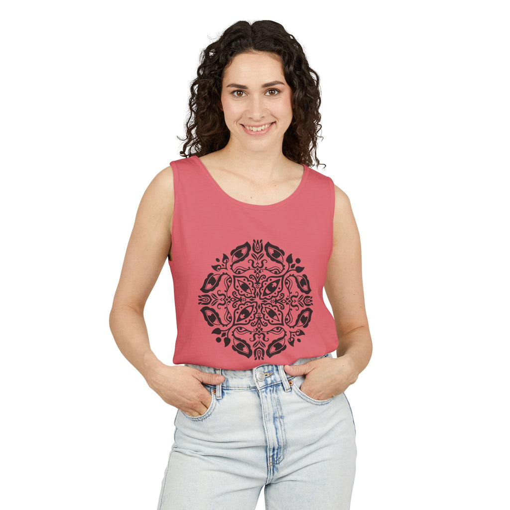 Boho Mandala Tank Top — Black Floral Circular Graphic Tank #fr3