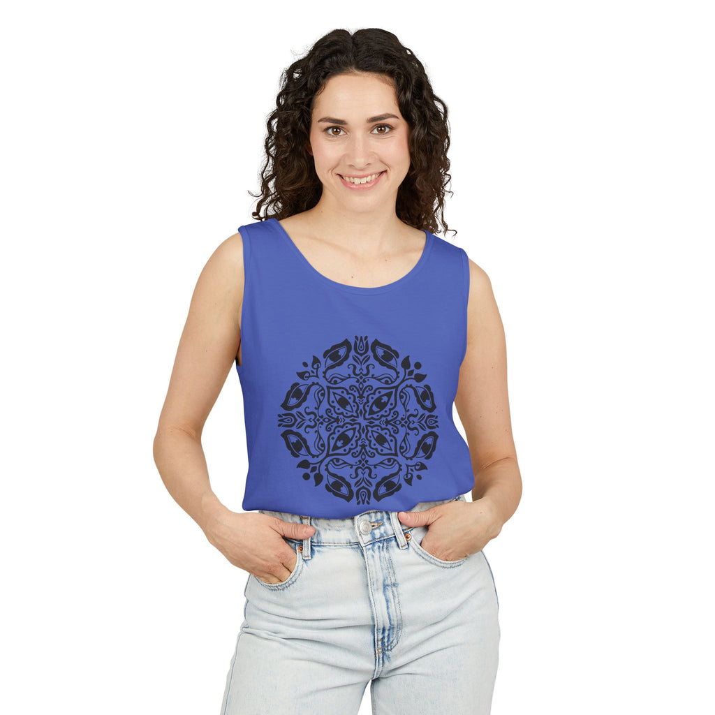 Boho Mandala Tank Top — Black Floral Circular Graphic Tank #fr3