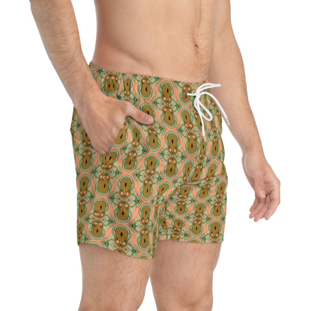 Retro Floral Pattern Swim Trunks – Green & Orange All-Over Print #d236432
