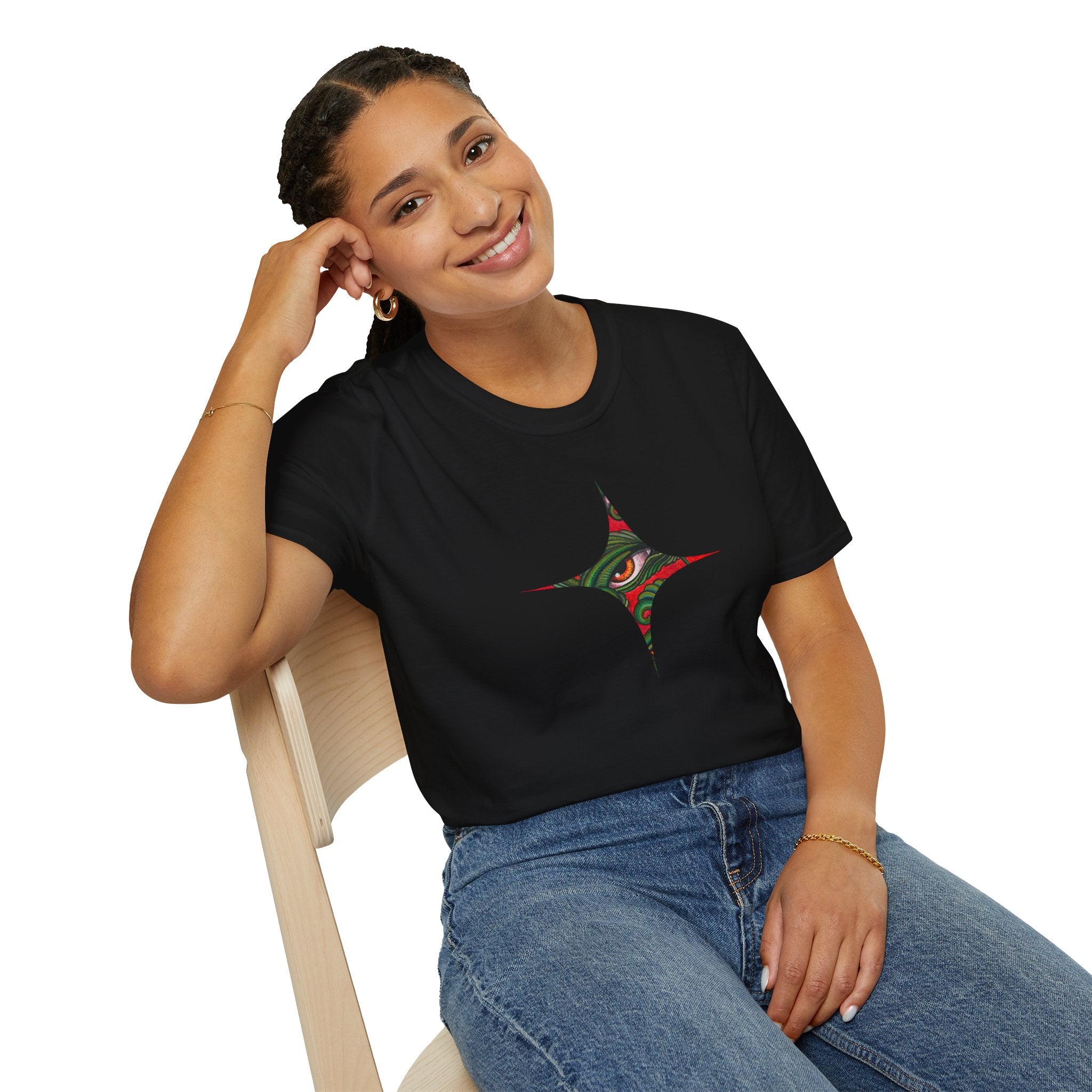 Geometric Tribal Eye Tee — Abstract Red & Green Triangle Graphic T-Shirt #sx432177