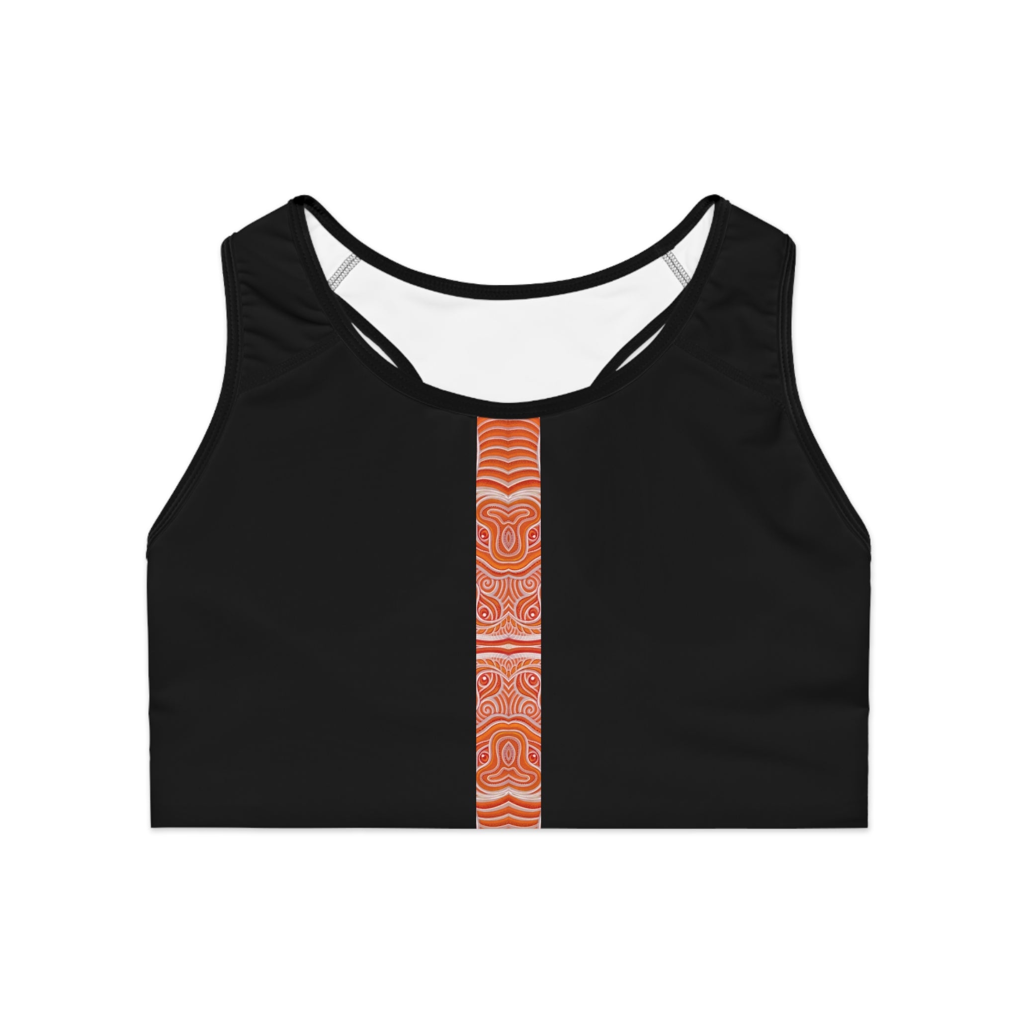 Women's Black Sports Bra with Vertical Orange Tribal Stripe — Athletic Crop Top #g000647