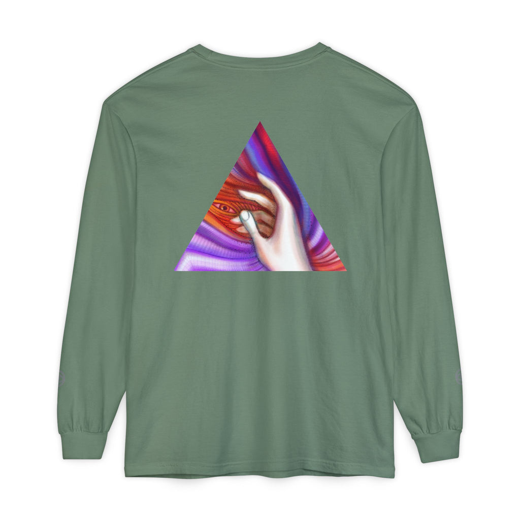 Long Sleeve T-Shirt — Triangular Hand Art Graphic (White) #sh26774