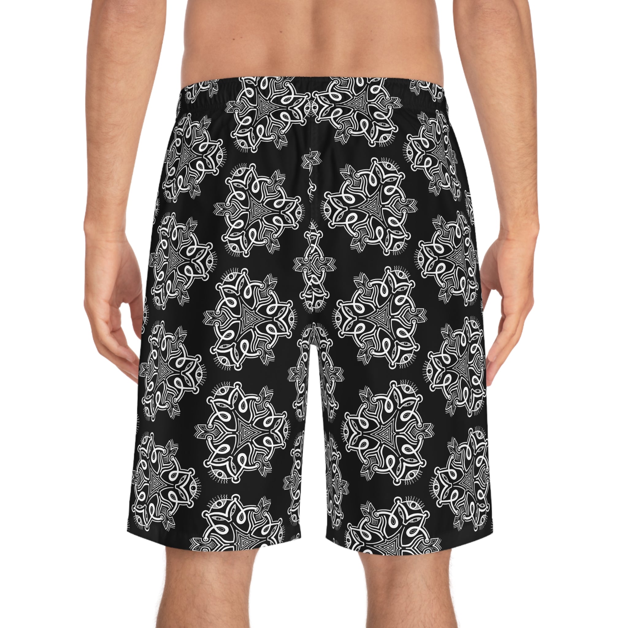 Black Bandana Print Board Shorts — Men's Surf & Swim Trunks #s124521