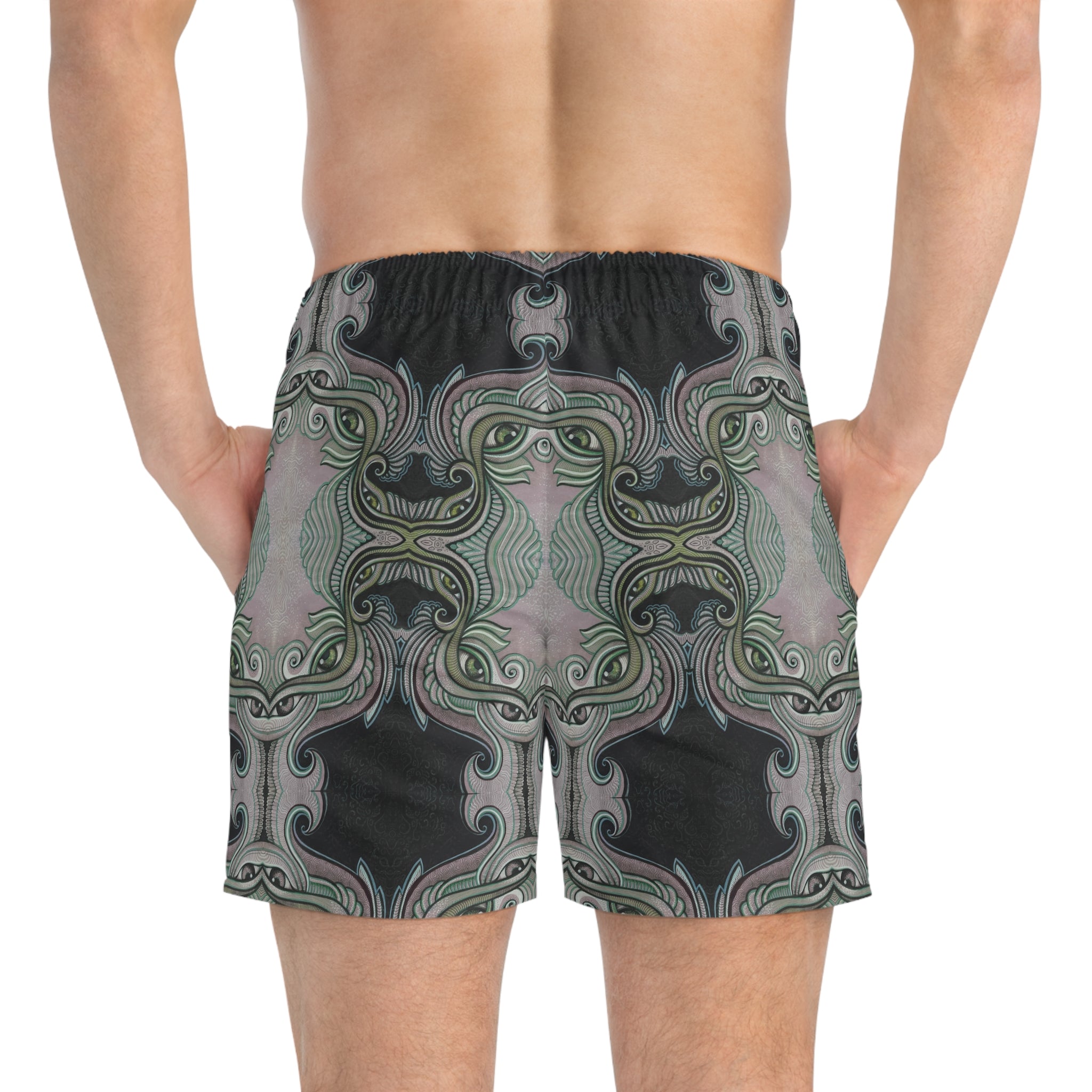 Retro Ornate Pattern Swim Trunks — Vintage Green & Pink All-Over Print #hd097532