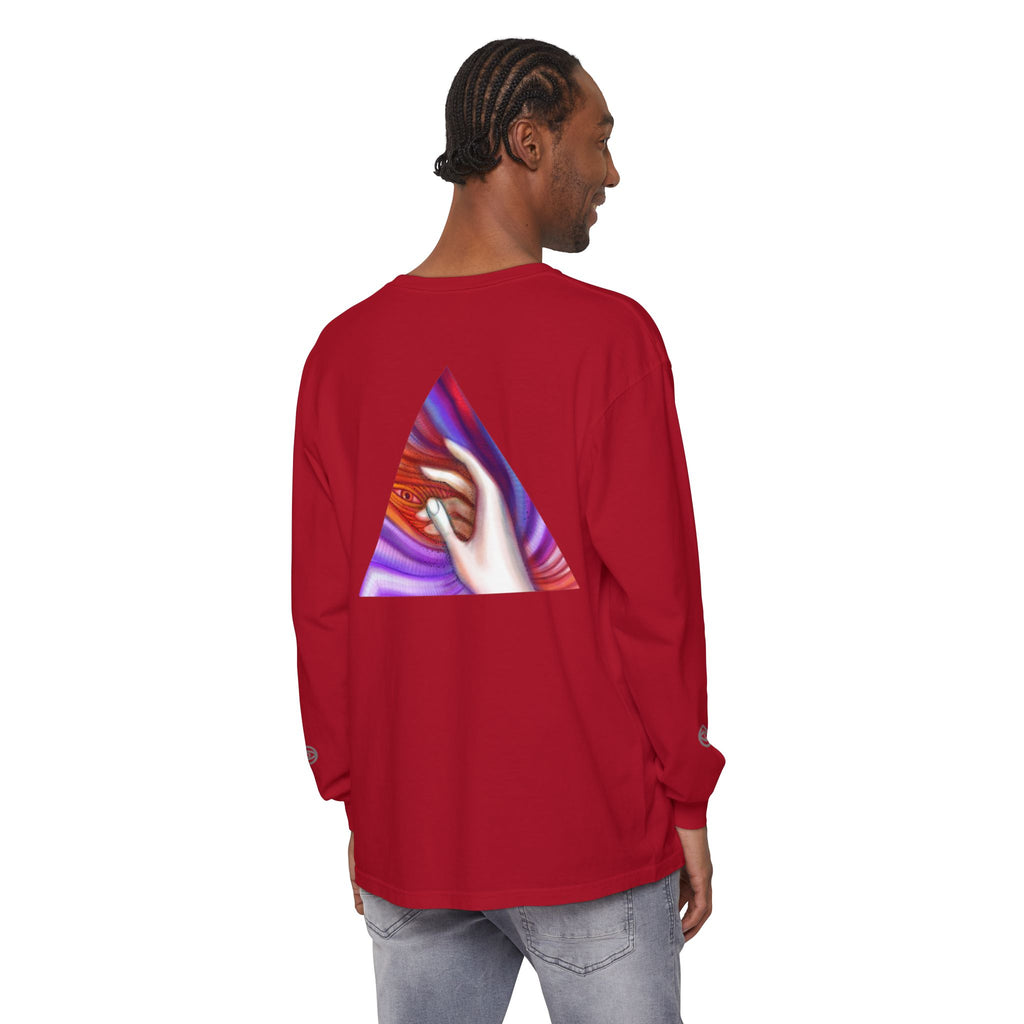 Long Sleeve T-Shirt — Triangular Hand Art Graphic (White) #sh26774