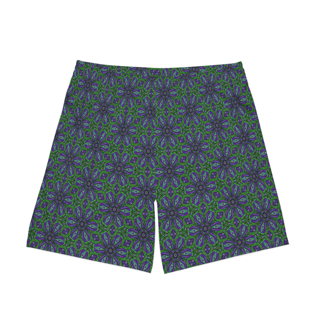 Floral Kaleidoscope Beach Shorts — Green & Indigo All-Over Print #sk08757