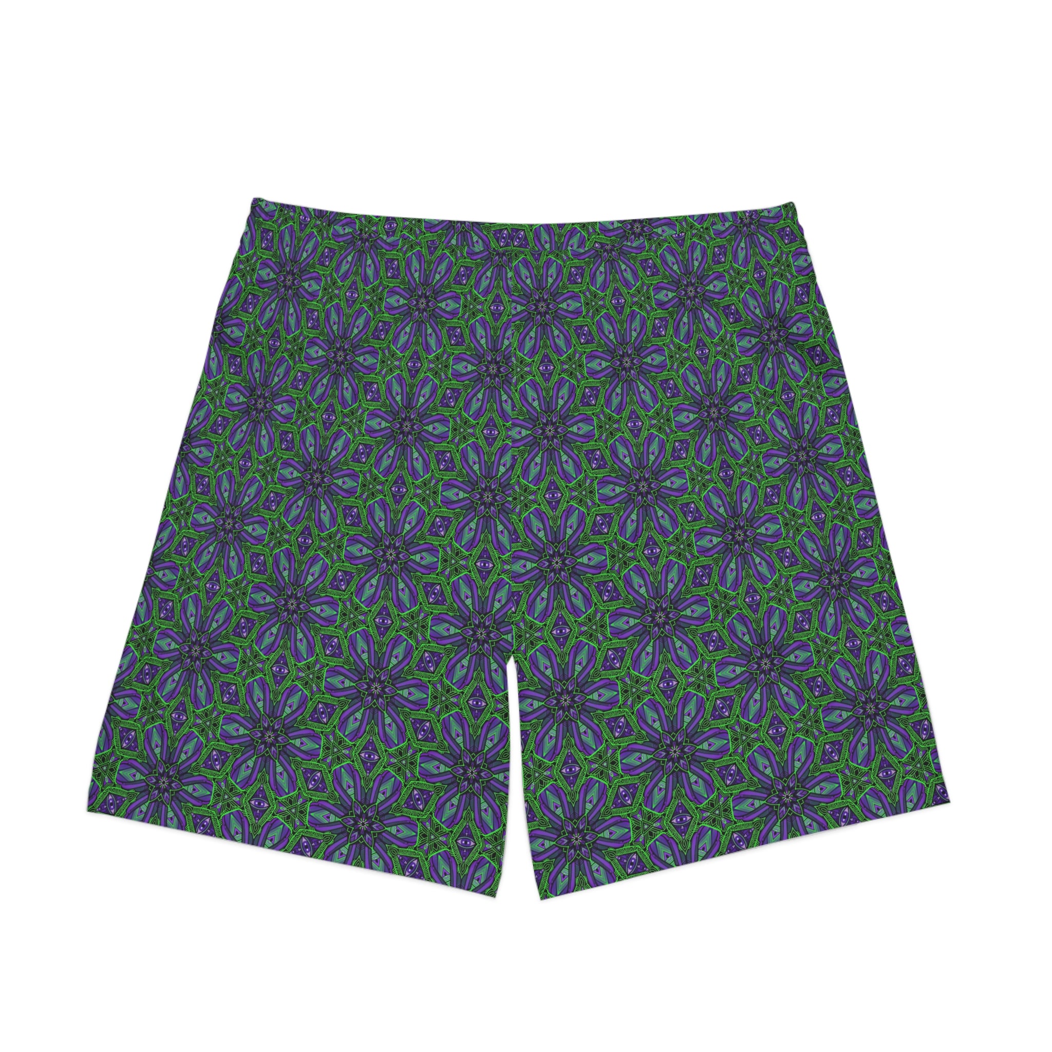 Floral Kaleidoscope Beach Shorts — Green & Indigo All-Over Print #sk08757