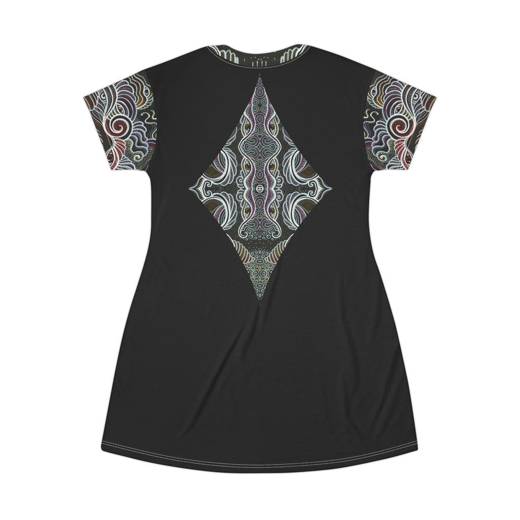 Bohemian Triangle T-Shirt Dress — Black Geometric AOP Pattern #bg5429