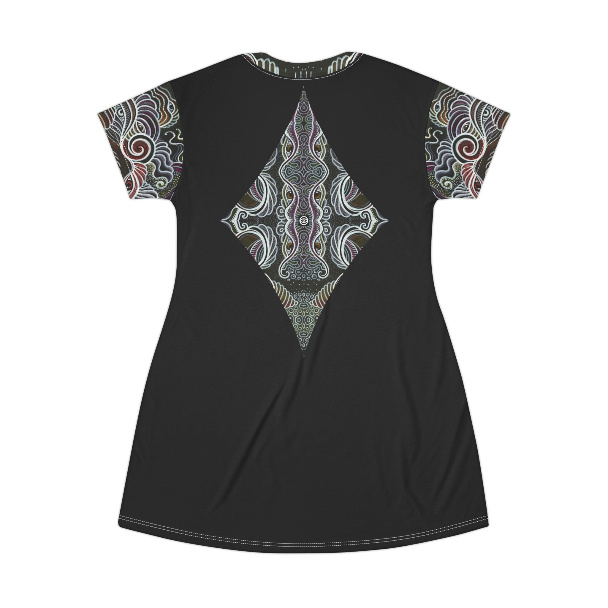 Bohemian Triangle T-Shirt Dress — Black Geometric AOP Pattern #bg5429