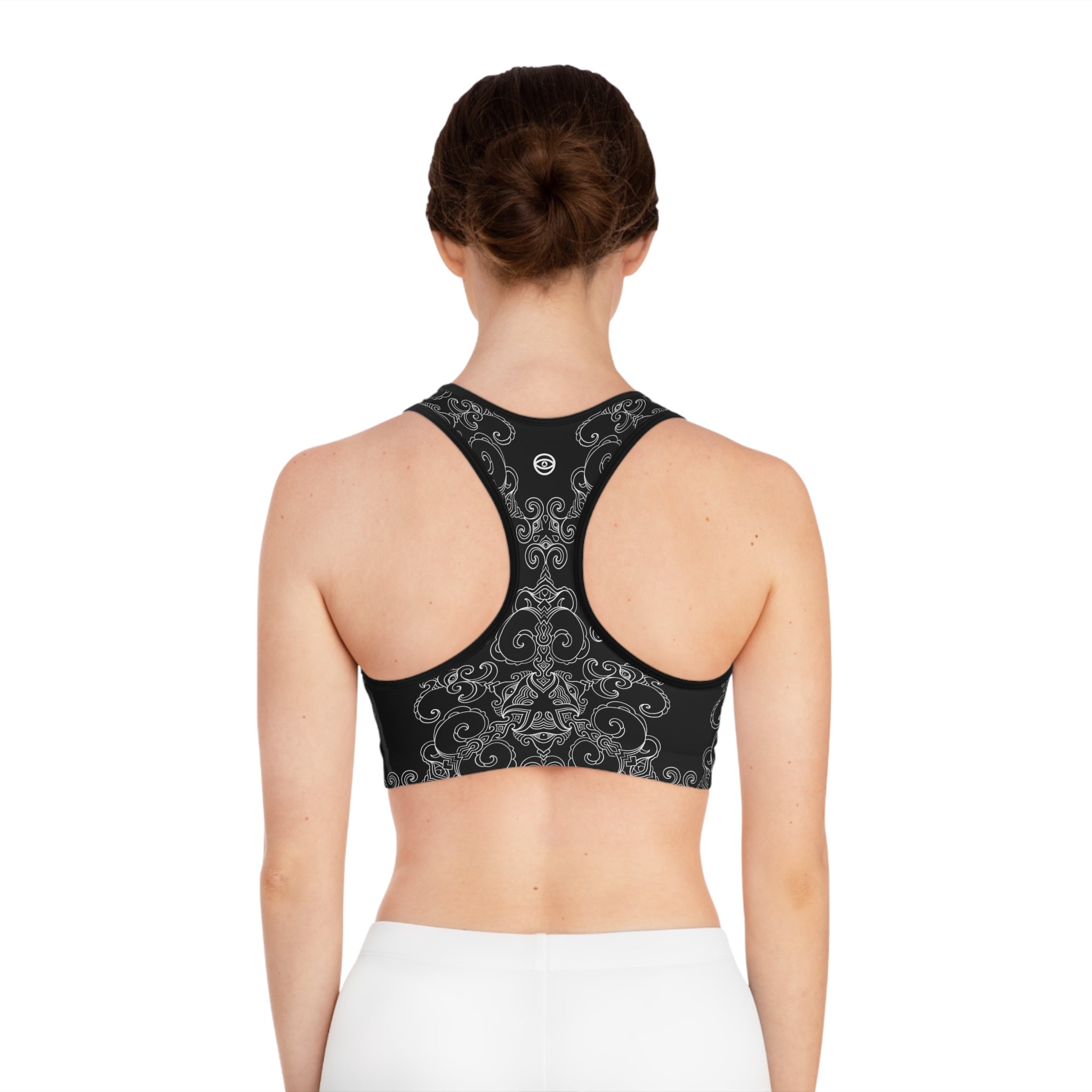 Black Baroque Pattern Sports Bra — Decorative Gothic Scroll Activewear #khf9653
