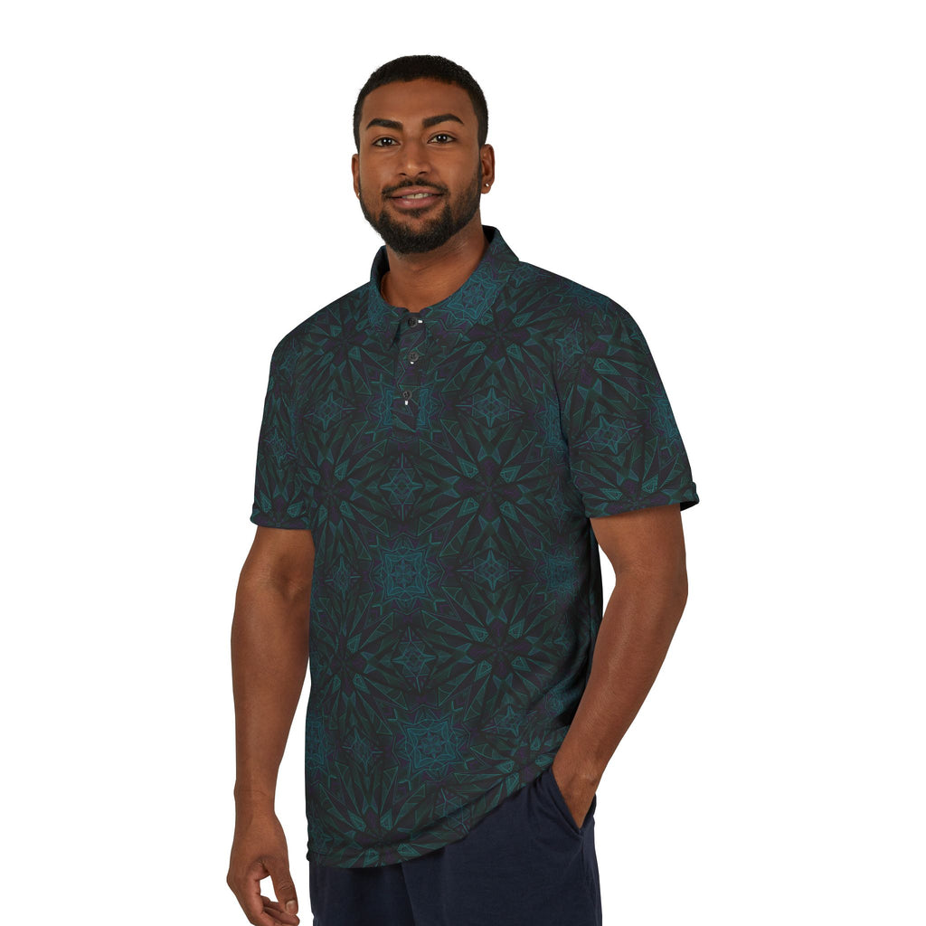Men's Dark Teal Kaleidoscope Polo Shirt — All-Over Pattern Casual Golf Tee #f8628