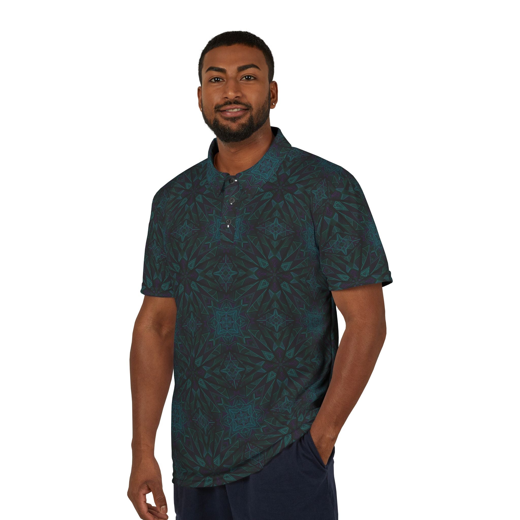 Men's Dark Teal Kaleidoscope Polo Shirt — All-Over Pattern Casual Golf Tee #f8628