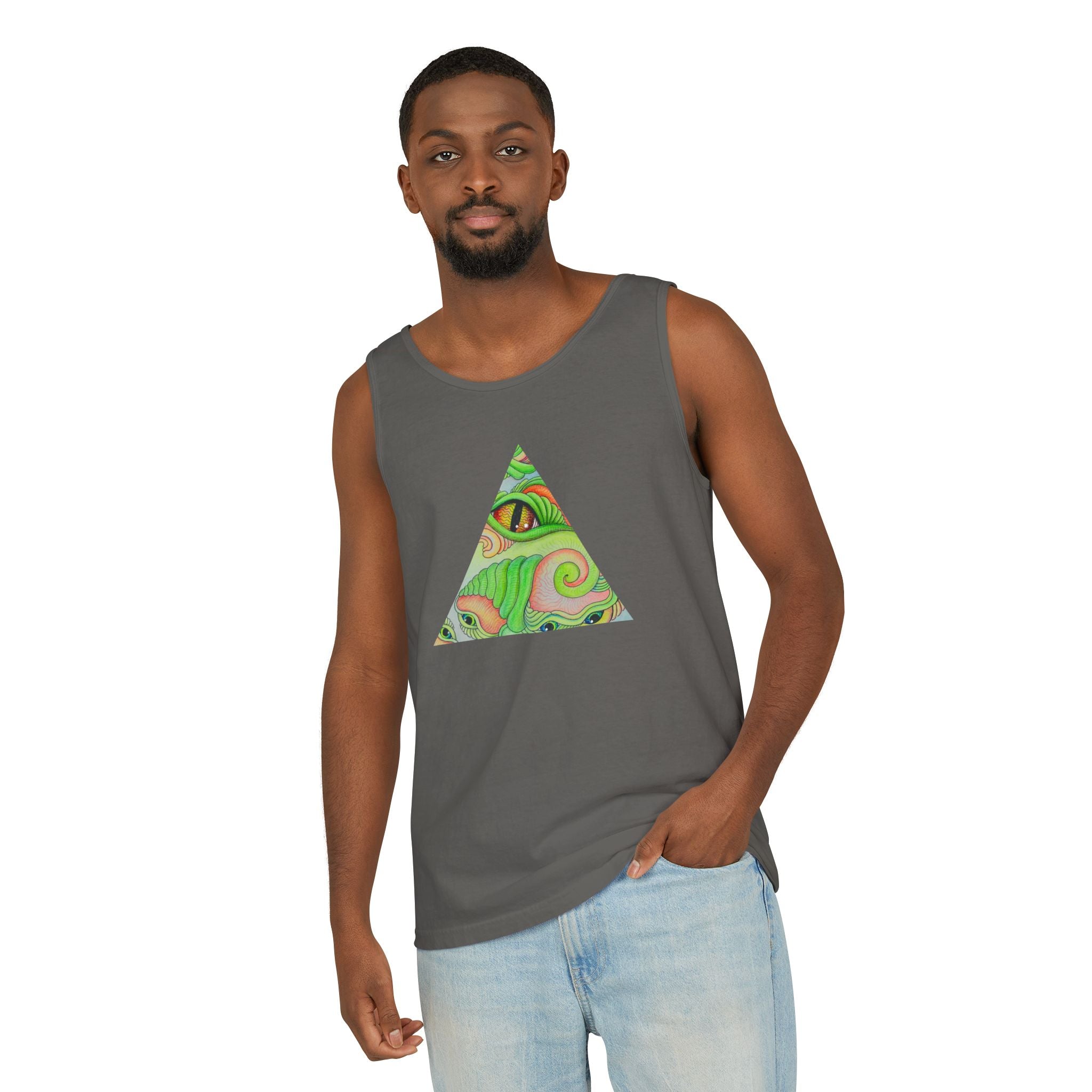 Psychedelic Triangle Tank Top — Green Swirl Eye Graphic #hg772225566