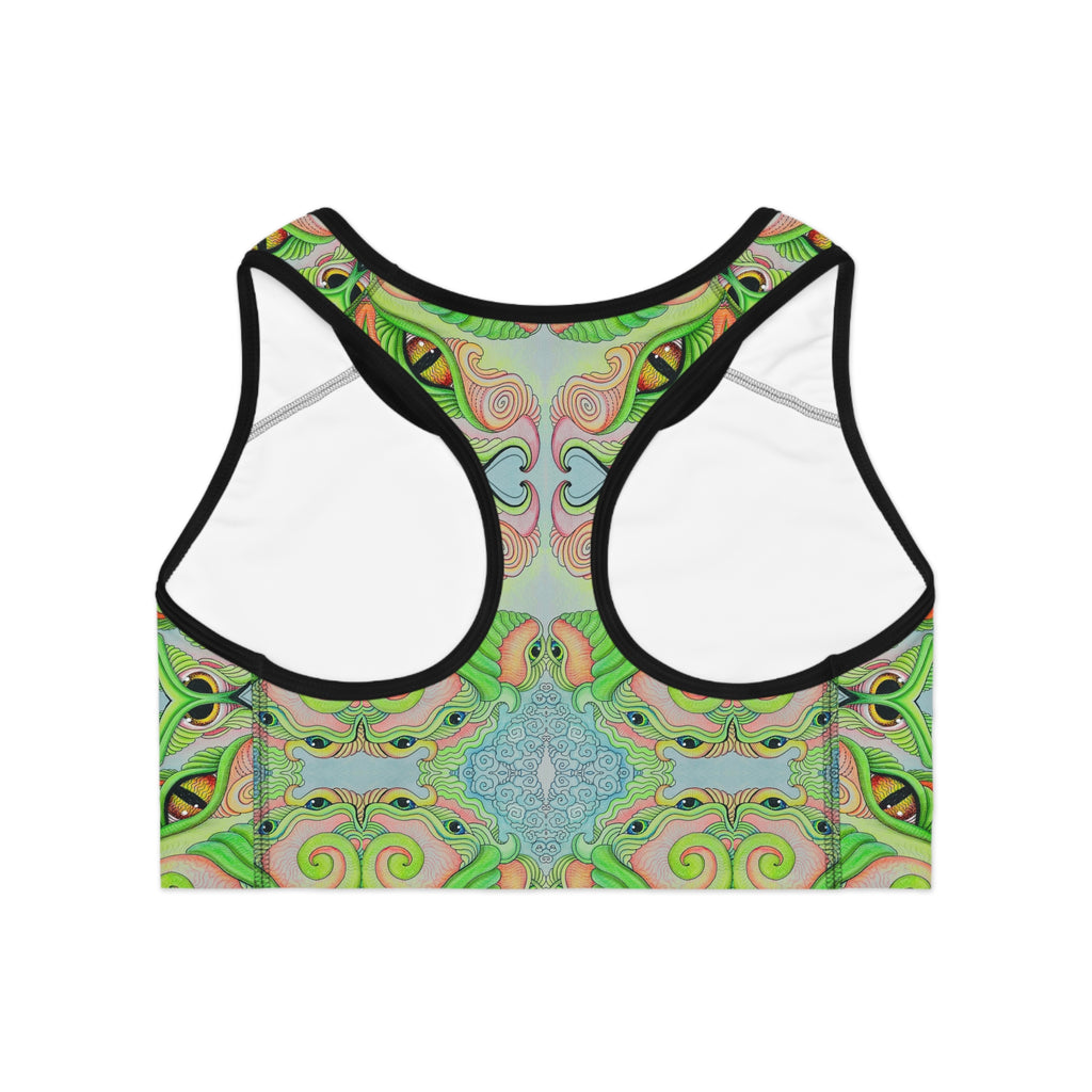 Psychedelic Green Kaleidoscope Sports Bra — All-Over-Print Activewear  #rth4445
