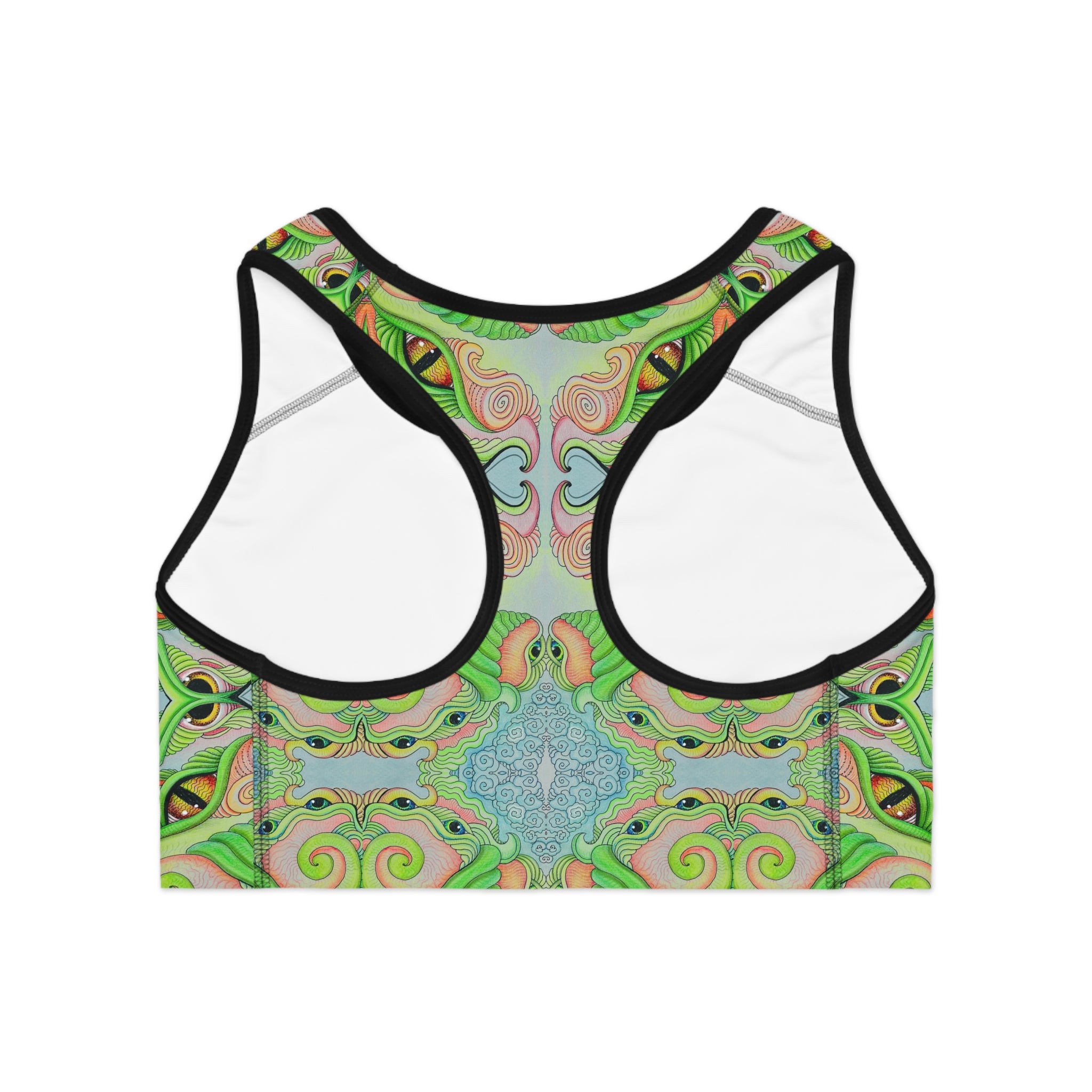 Psychedelic Green Kaleidoscope Sports Bra — All-Over-Print Activewear  #rth4445