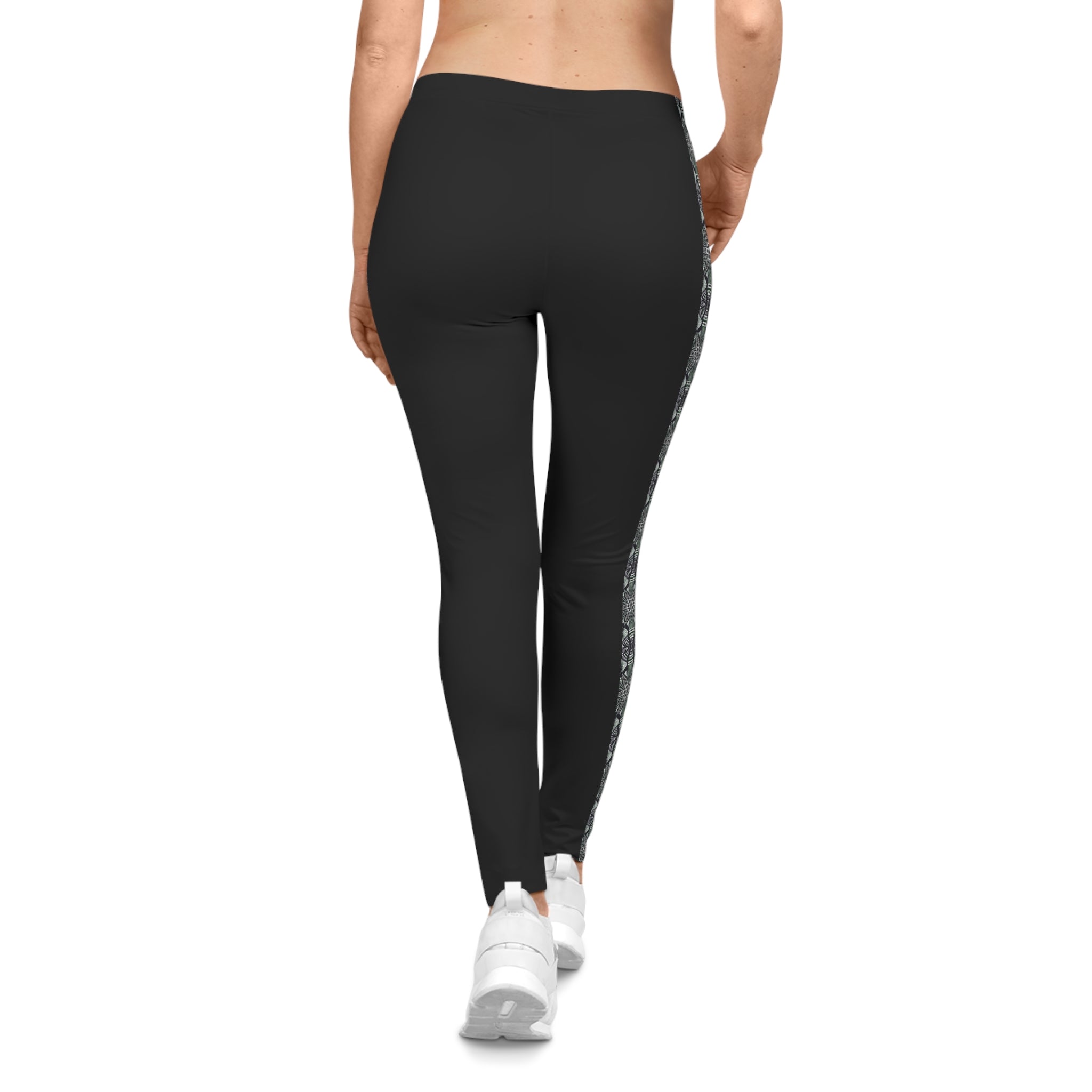 Women's Black Side-Stripe Leggings — Floral Pattern Athletic & Casual Yoga Pants # d479533