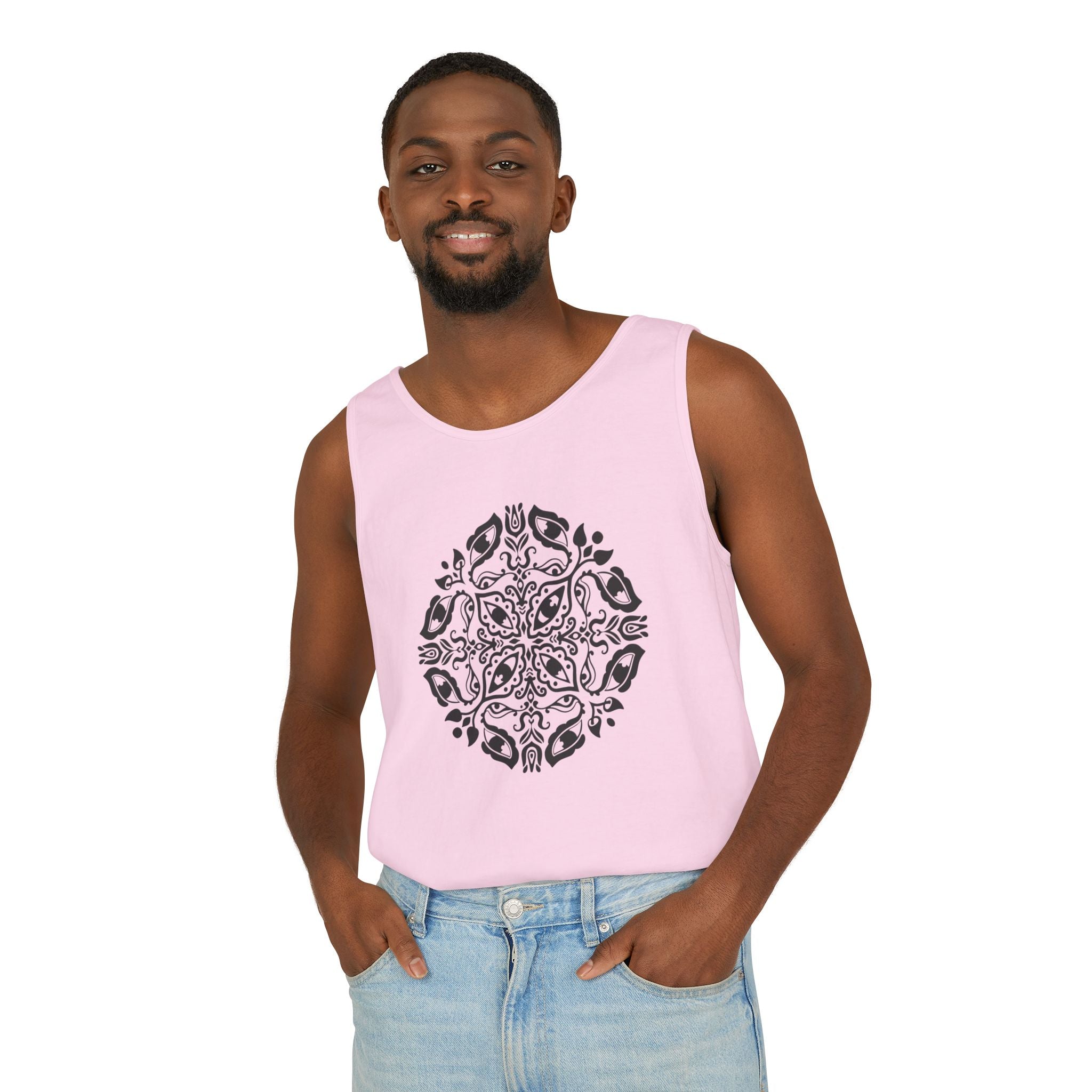 Boho Mandala Tank Top — Black Floral Circular Graphic Tank #fr3