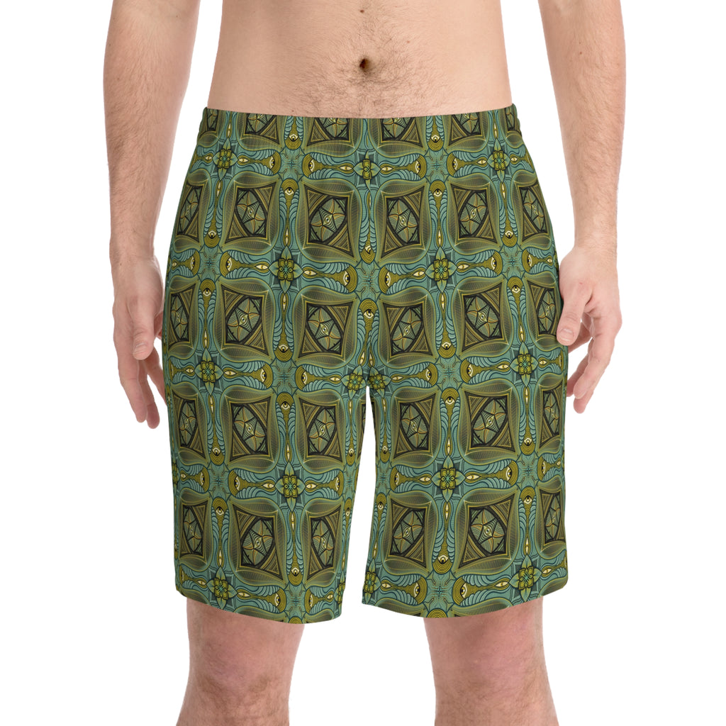 Men's Patterned Beach Shorts — Olive Geometric Kaleidoscope Print #h8764789