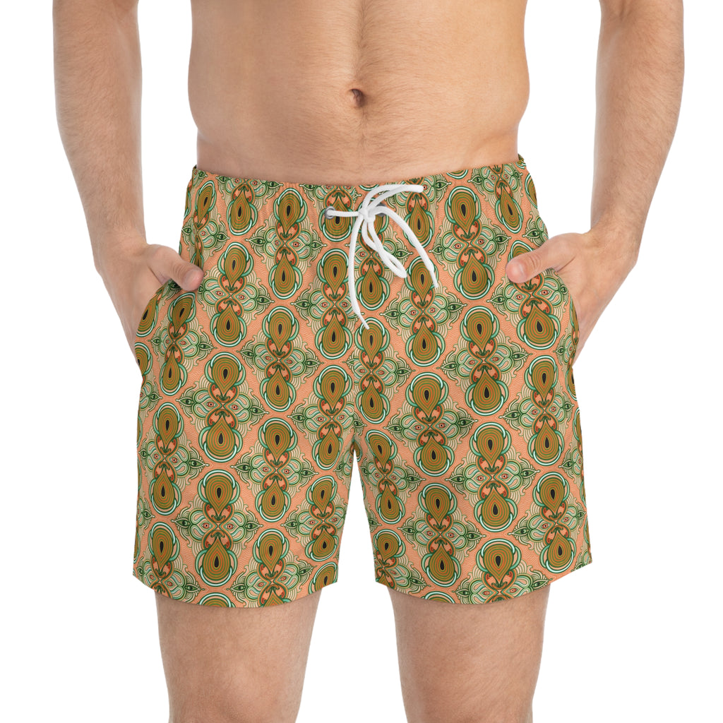 Retro Floral Pattern Swim Trunks – Green & Orange All-Over Print #d236432