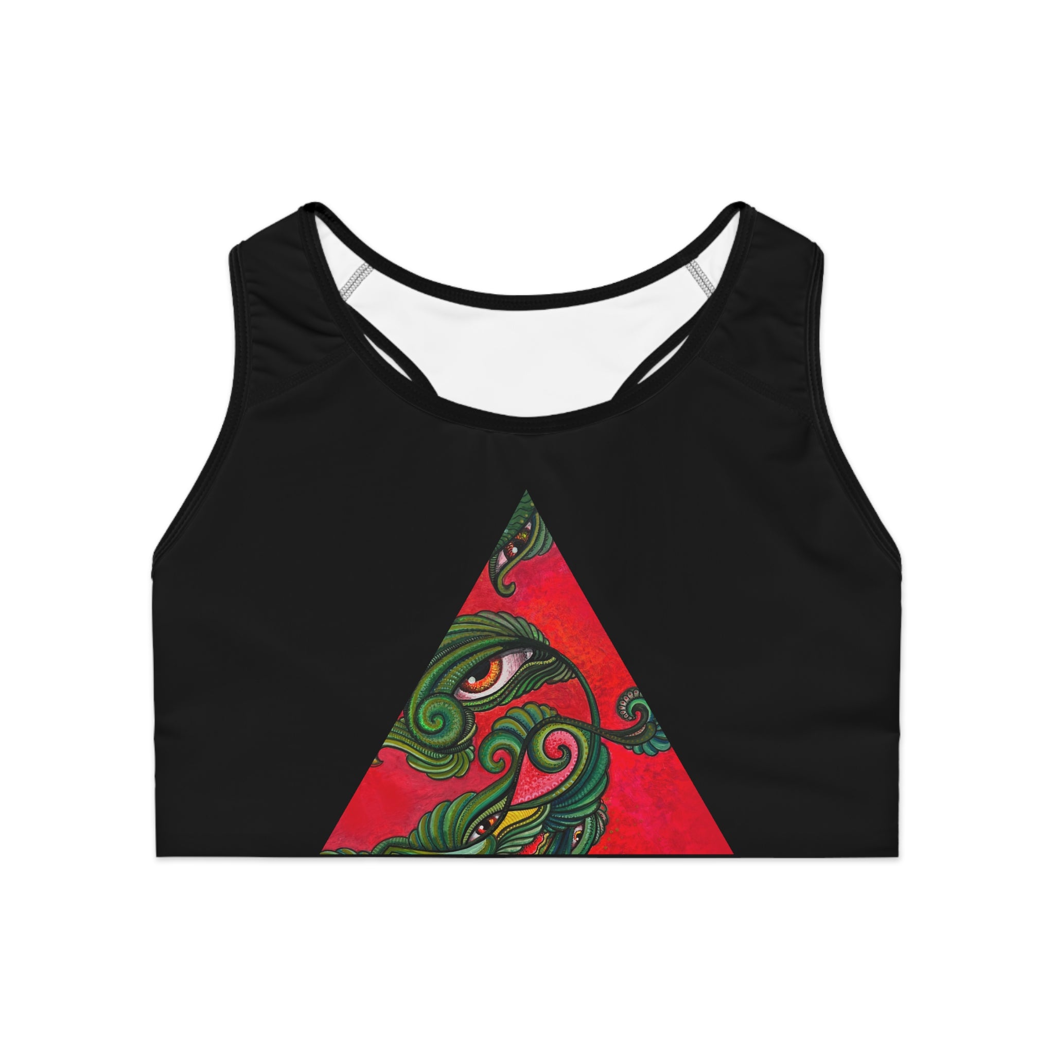 Tribal Eye Triangle Sports Bra – Red & Green Botanical Tribal Design #df28653