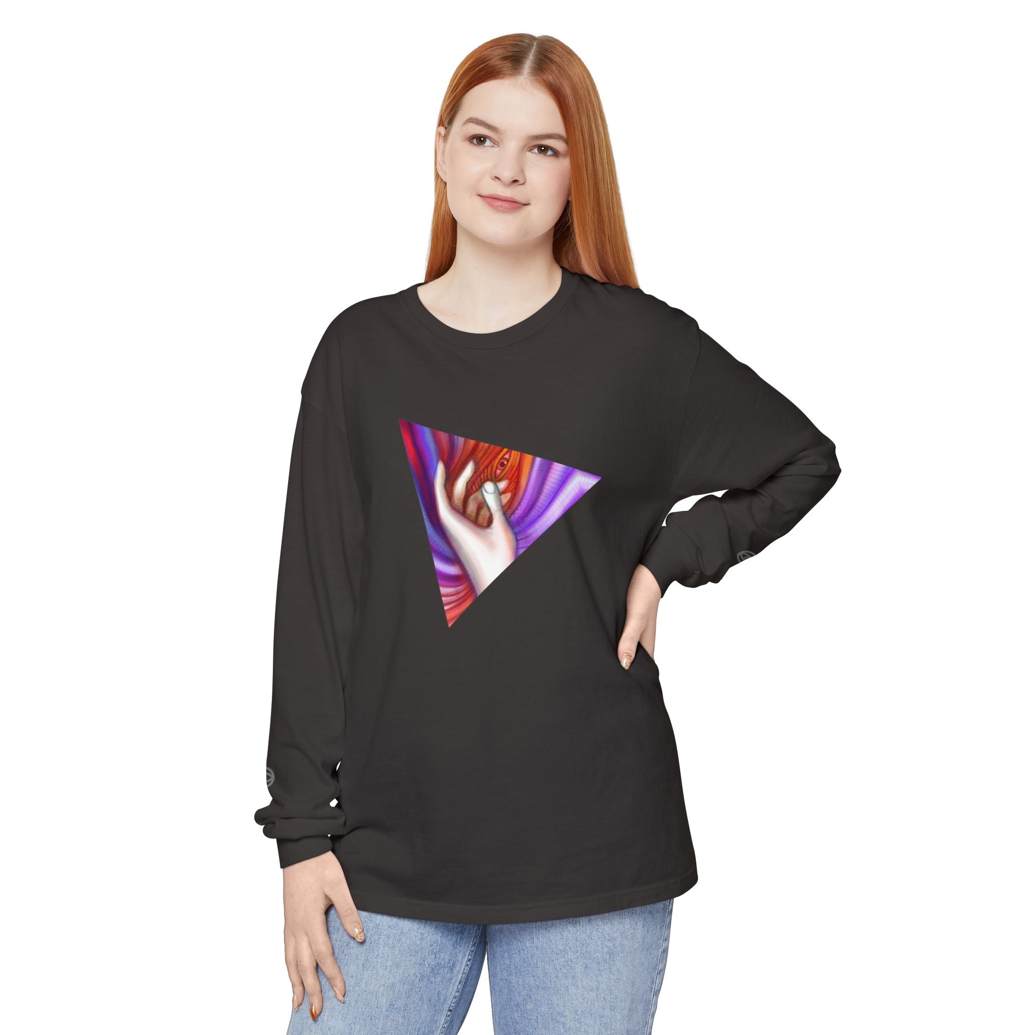 Long Sleeve T-Shirt — Triangular Hand Art Graphic (White) #sh26774