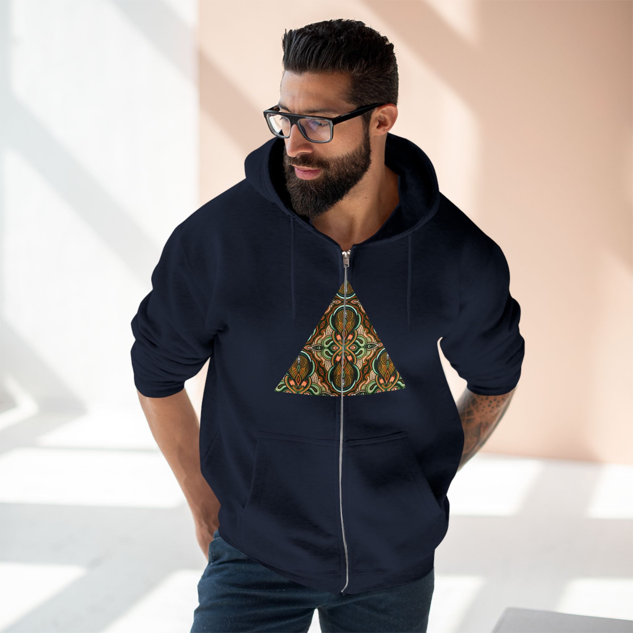 Geometric Tribal Pattern Zip Hoodie — Earthy Mandala Triangle & Circle Design #zh137