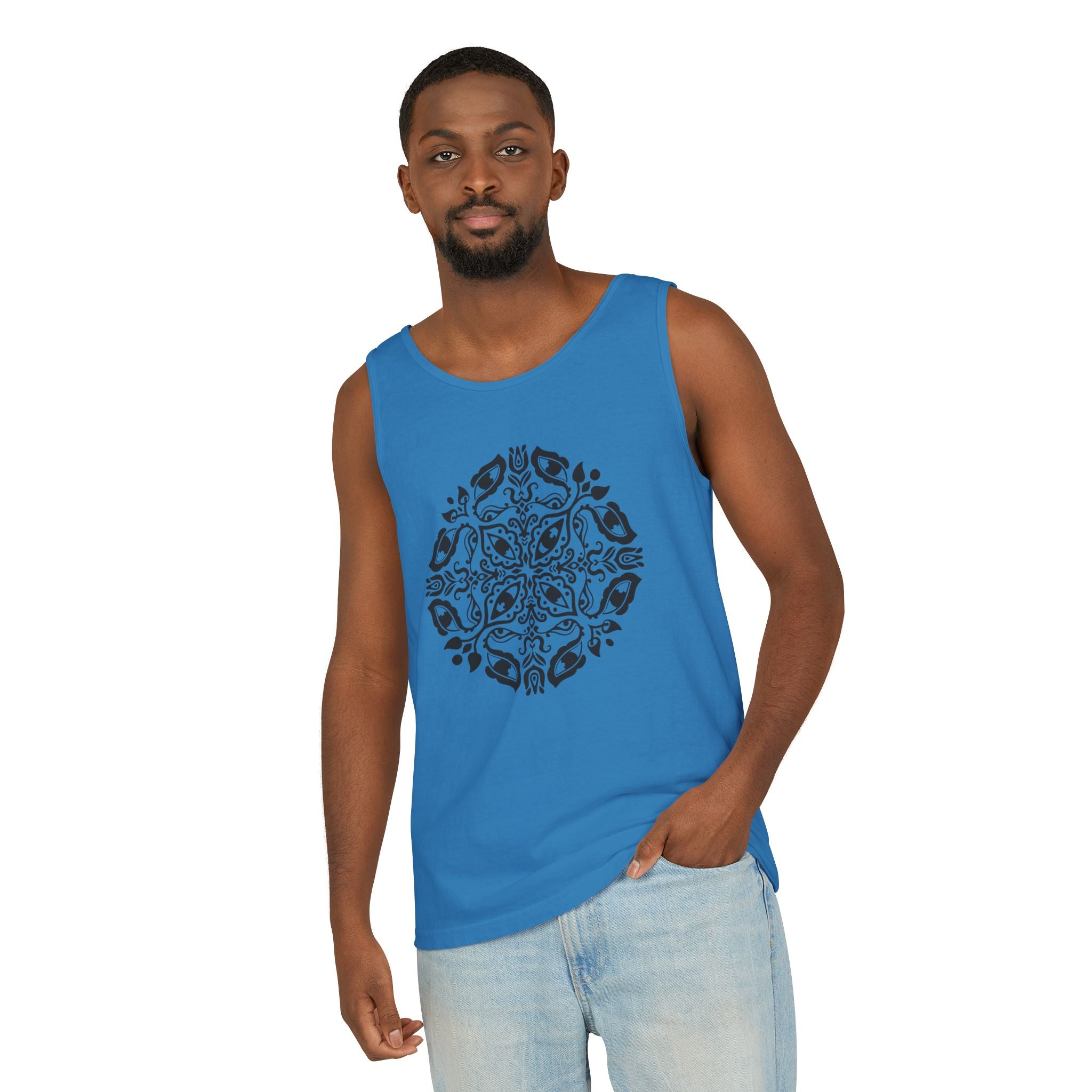 Boho Mandala Tank Top — Black Floral Circular Graphic Tank #fr3
