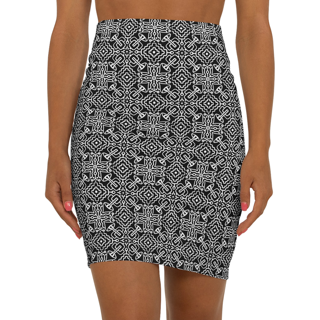 Black & White Geometric Pencil Skirt — Mid‑Waist AOP #h97658