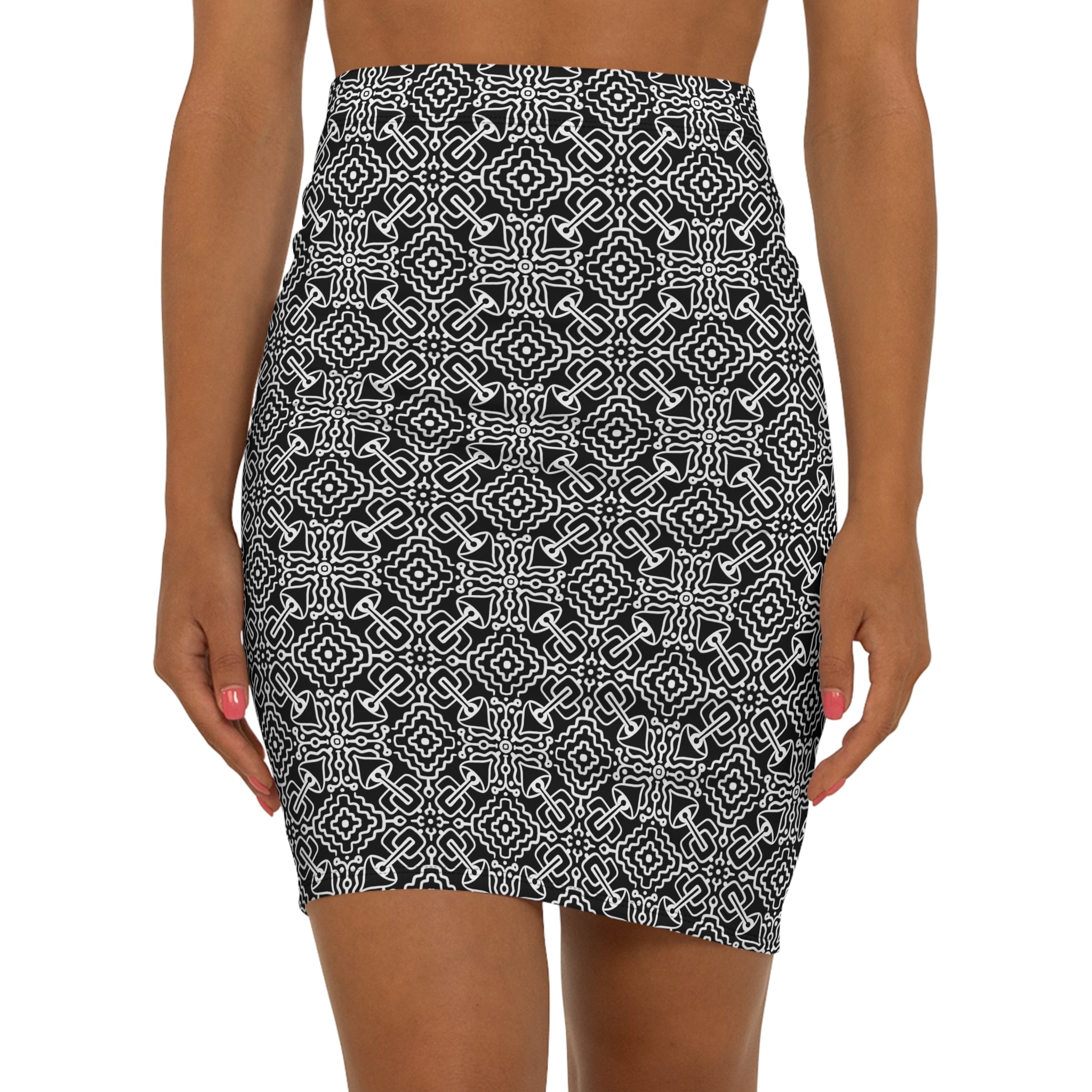 Black & White Geometric Pencil Skirt — Mid‑Waist AOP #h97658