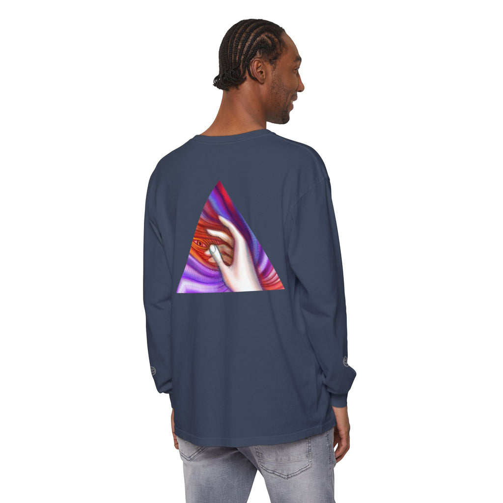 Long Sleeve T-Shirt — Triangular Hand Art Graphic (White) #sh26774