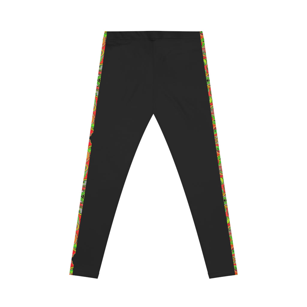 Black Leggings with Festive Red & Green Side Stripe — Women's Casual Holiday Activewear. #g7654456
