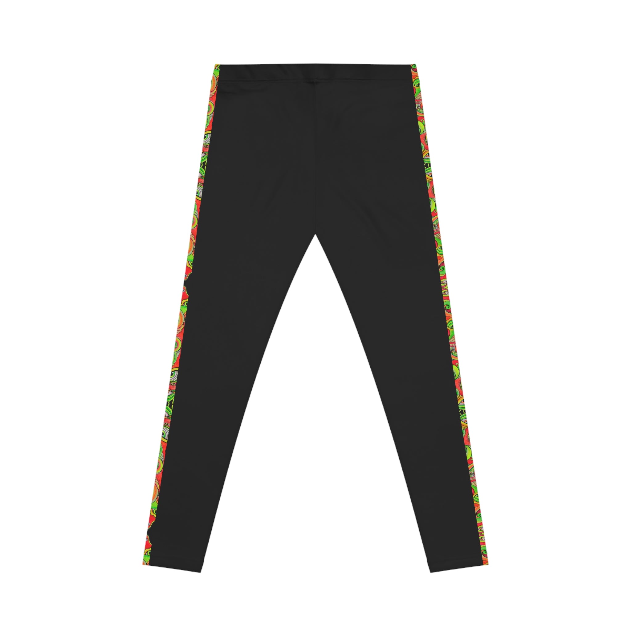 Black Leggings with Festive Red & Green Side Stripe — Women's Casual Holiday Activewear. #g7654456