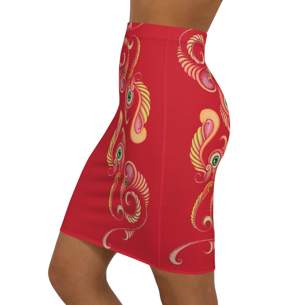 Red Peacock Feather Pencil Skirt — Elegant Mid-Waist Bodycon #u7739