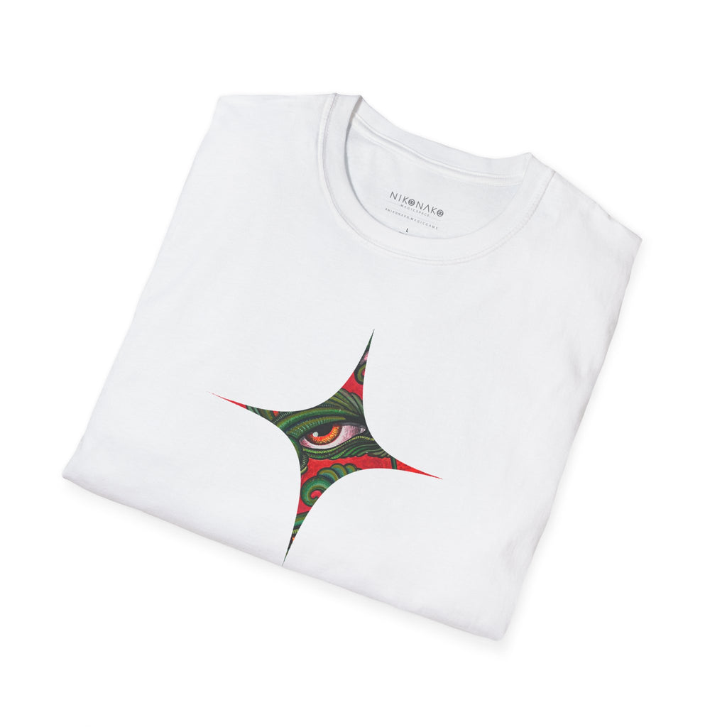 Geometric Tribal Eye Tee — Abstract Red & Green Triangle Graphic T-Shirt #sx432177