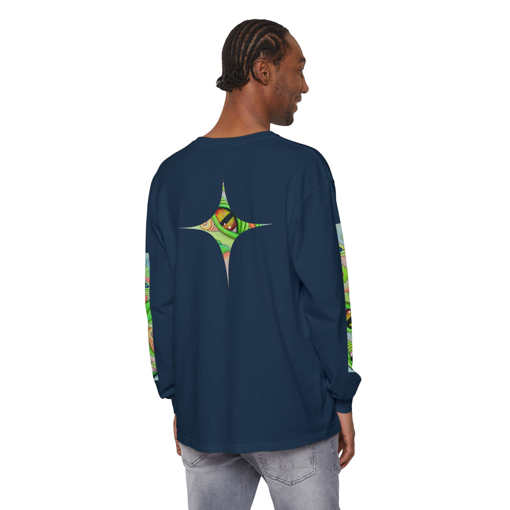 Psychedelic Green Triangle Long Sleeve Tee — Tribal Star Sleeve Artwork #gf086357