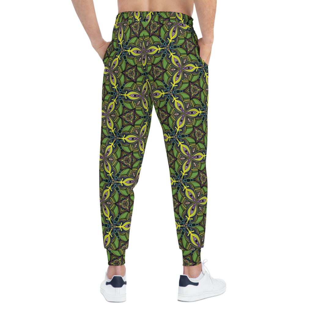 Green Kaleidoscope Athletic Joggers — All-Over Print Patterned Sweatpants #ja789