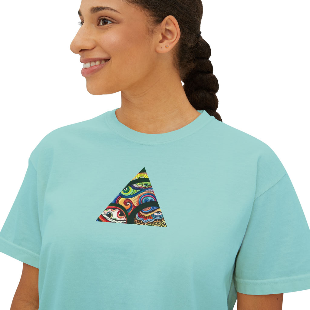 Women's Boxy Tee with Abstract Colorful Triangle (Front) & Heart (Back) Art — Casual Graphic Crop Top #hd9859