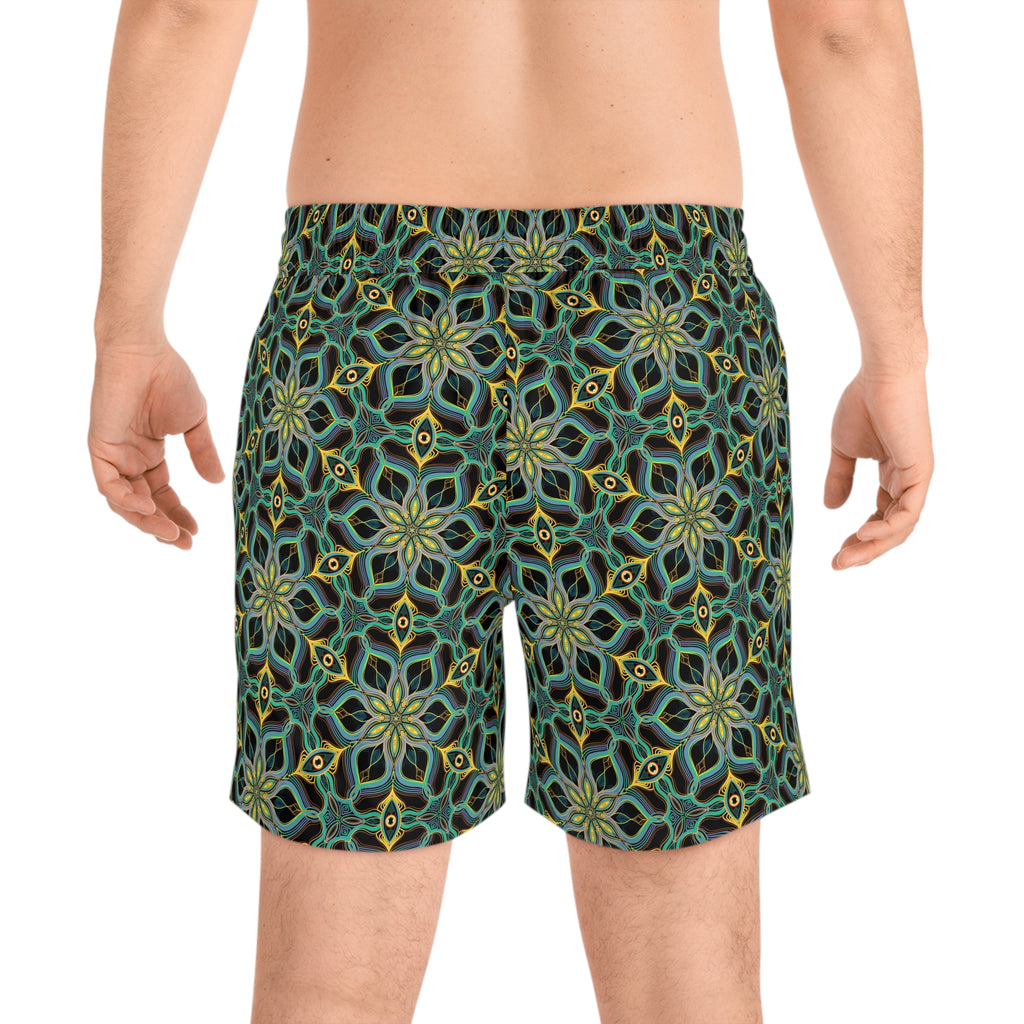 Men's Mid-Length Swim Shorts — Green Geometric Floral All-Over Print #jgd652245